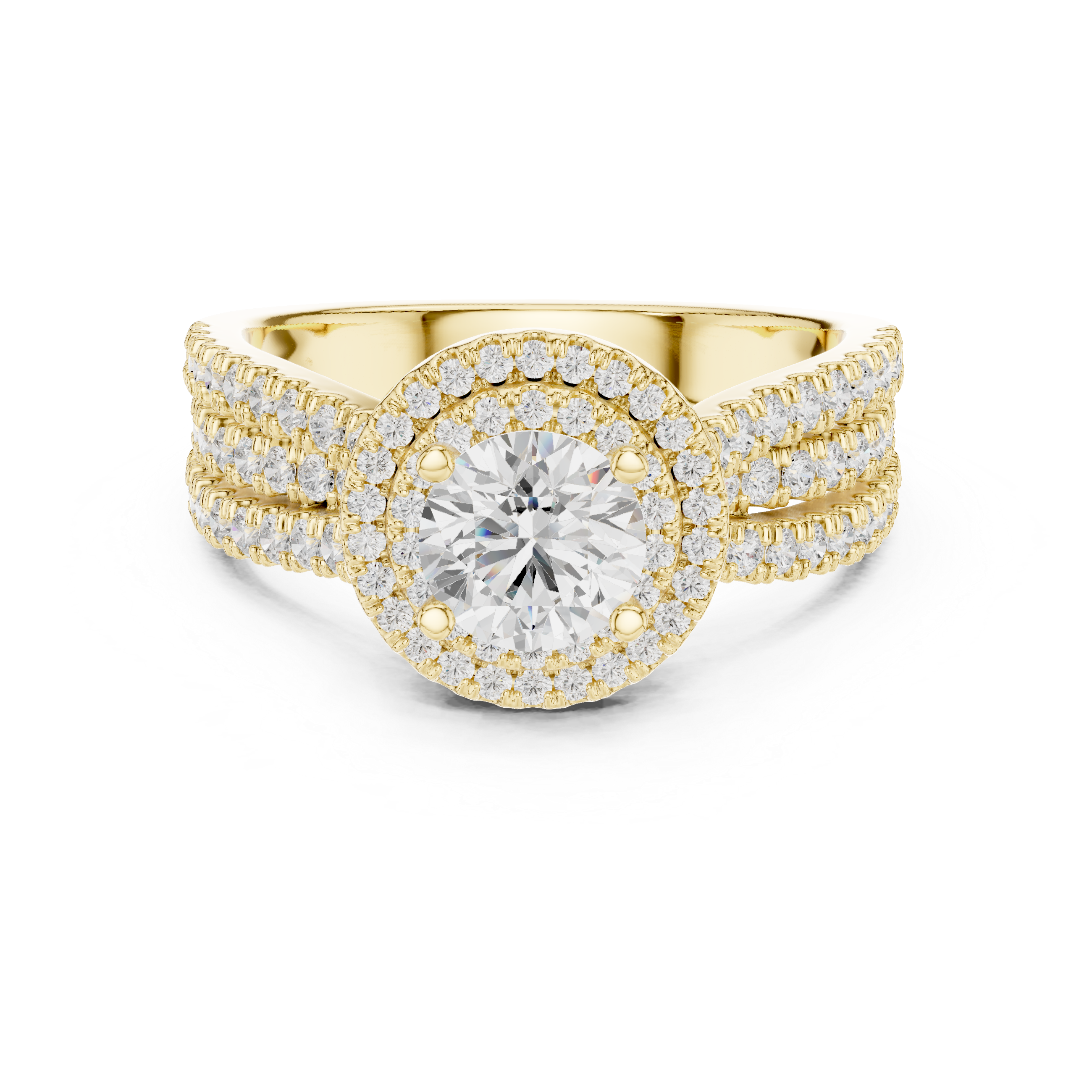 Double Halo Round Diamond Ring with Split Pavé Shank – Elegant Bridal Ring