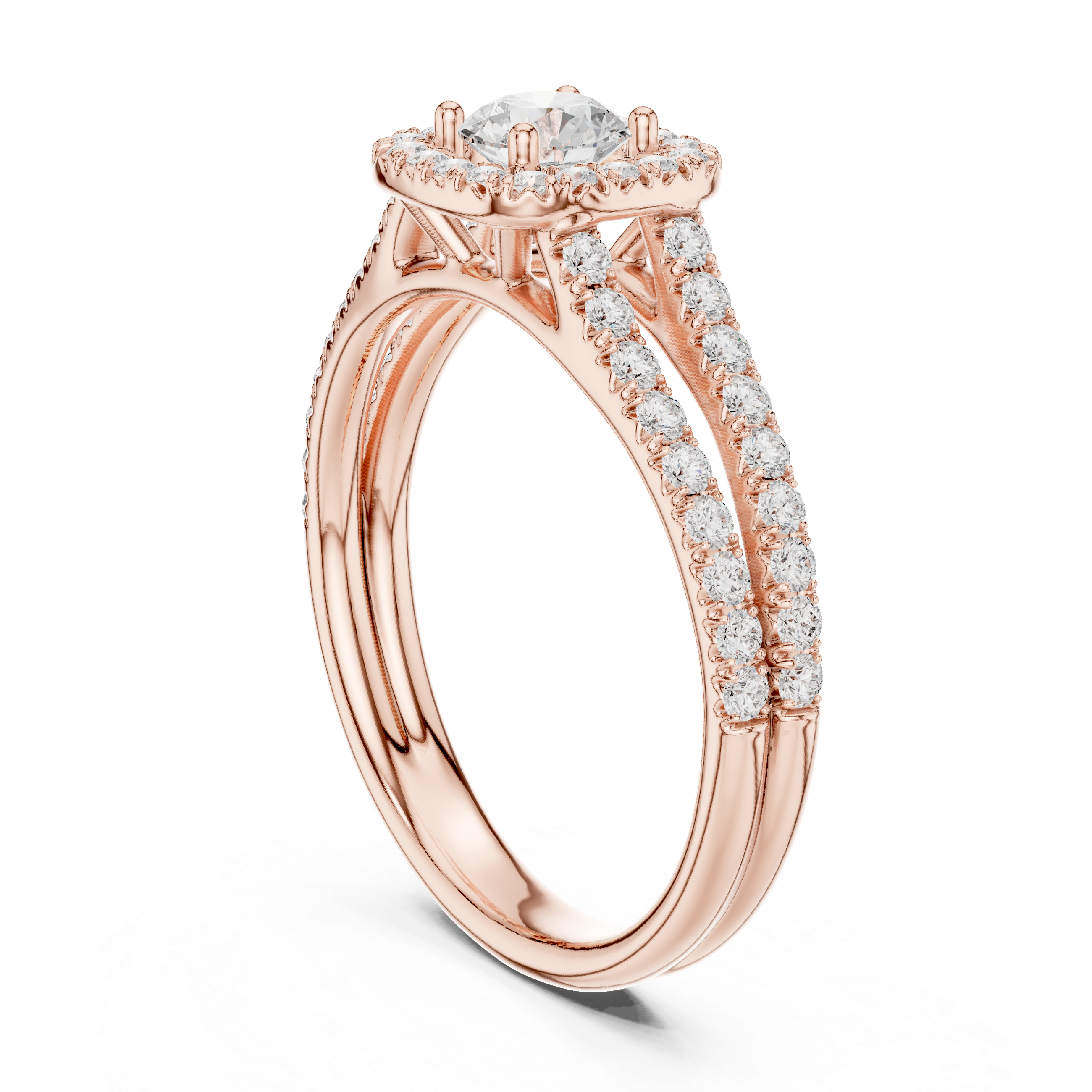 Elegant Halo Engagement Ring with Round Center & Pavé Split Shank