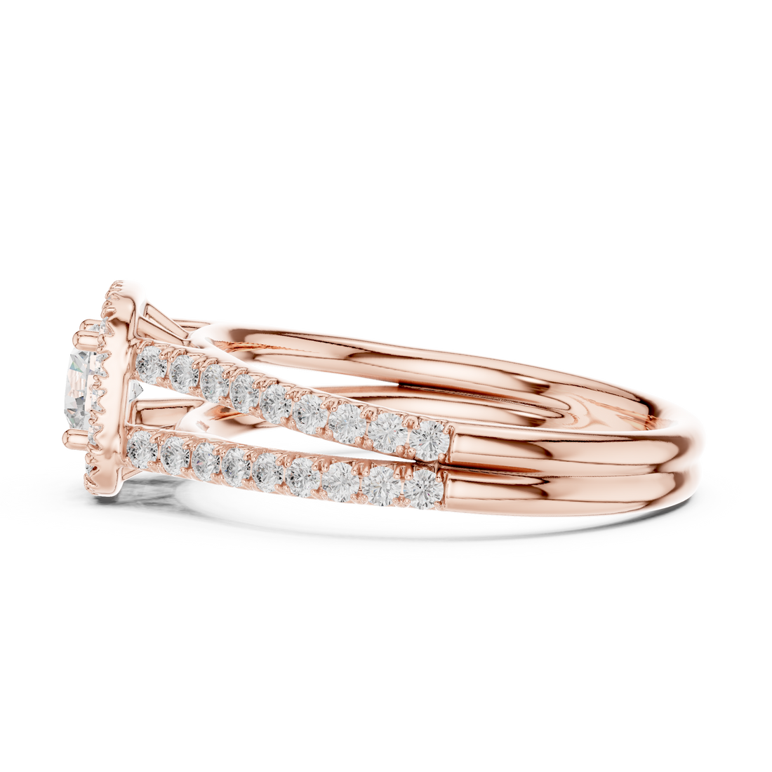 Elegant Halo Engagement Ring with Round Center & Pavé Split Shank
