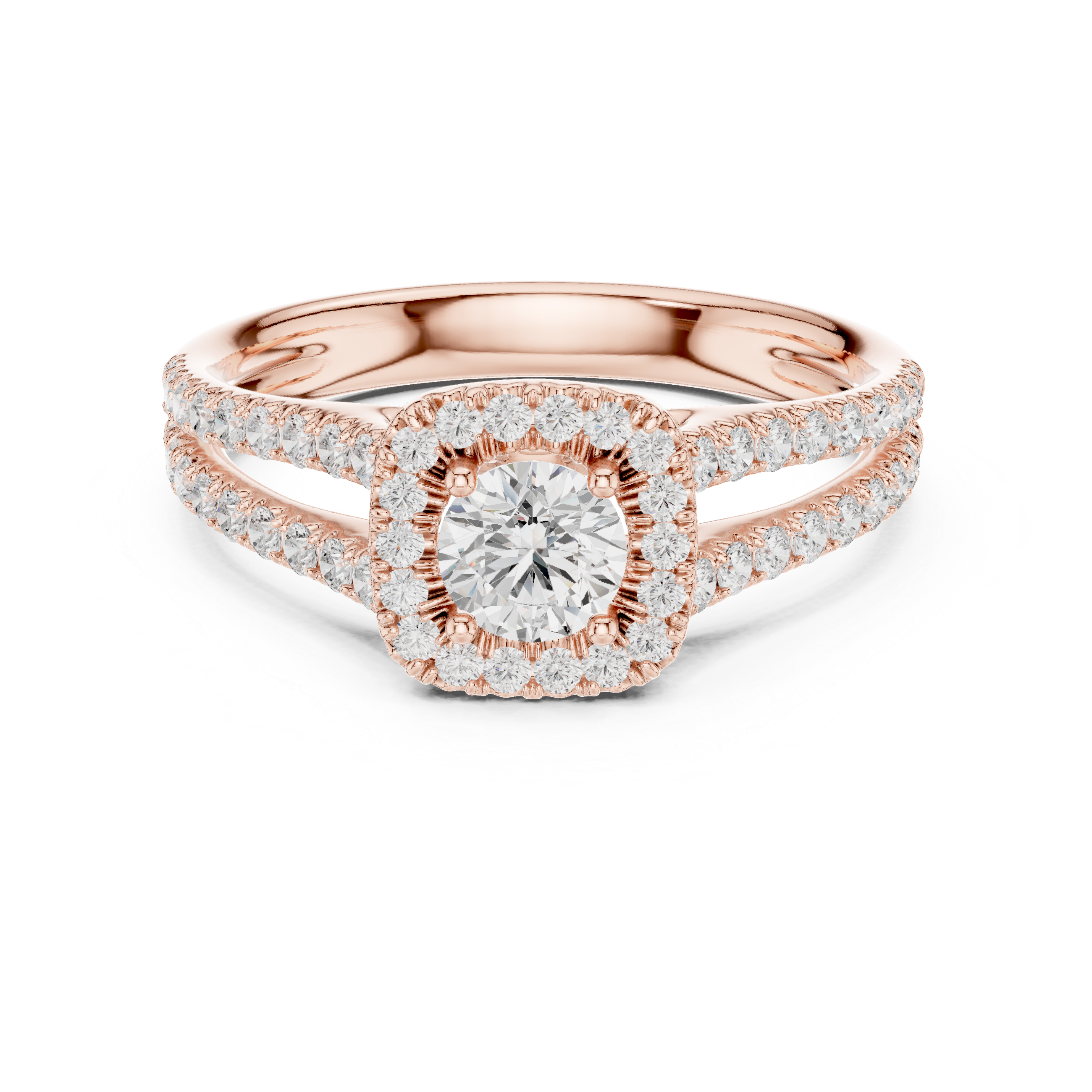 Elegant Halo Engagement Ring with Round Center & Pavé Split Shank
