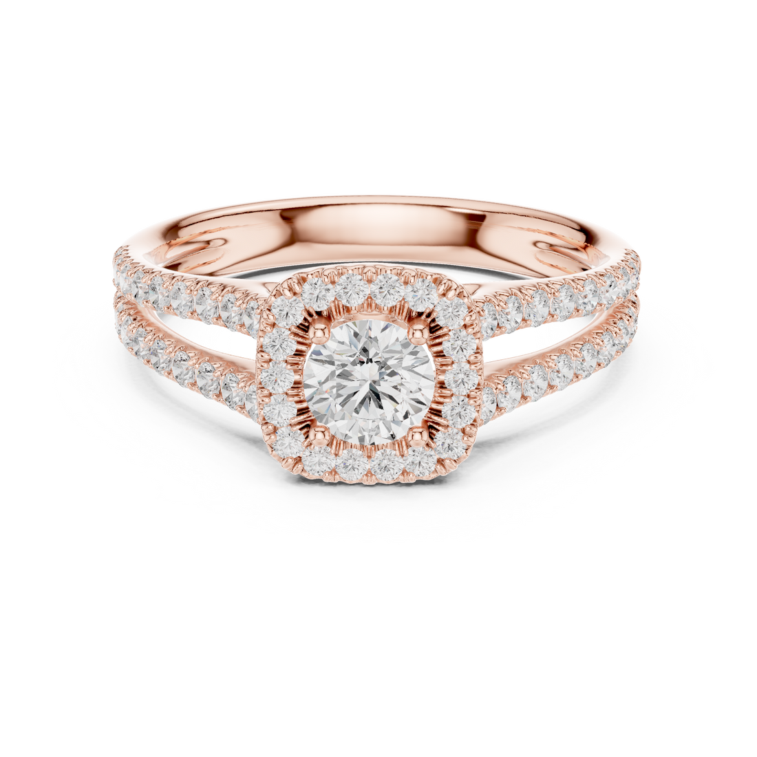 Elegant Halo Engagement Ring with Round Center & Pavé Split Shank