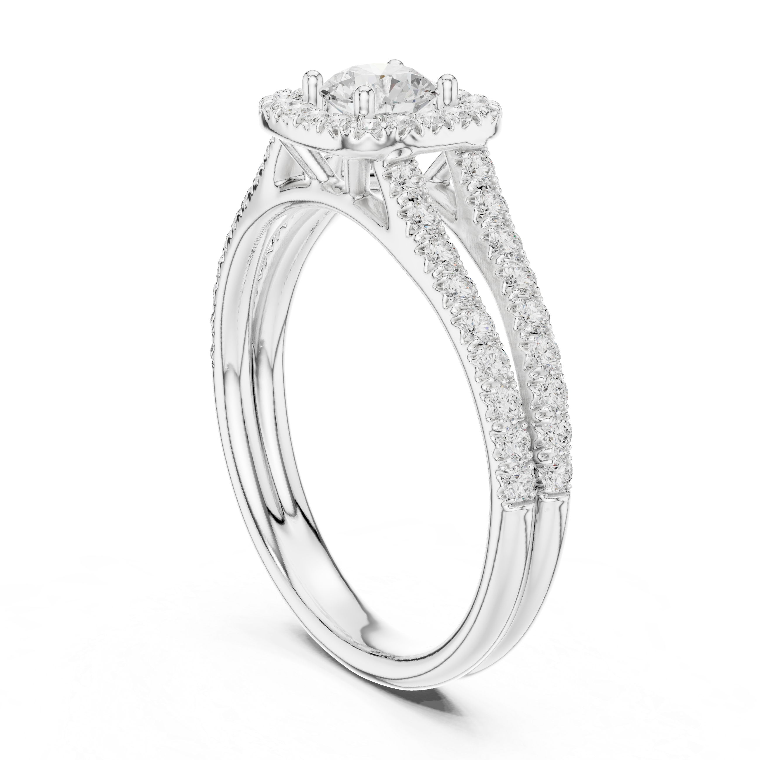Elegant Halo Engagement Ring with Round Center & Pavé Split Shank