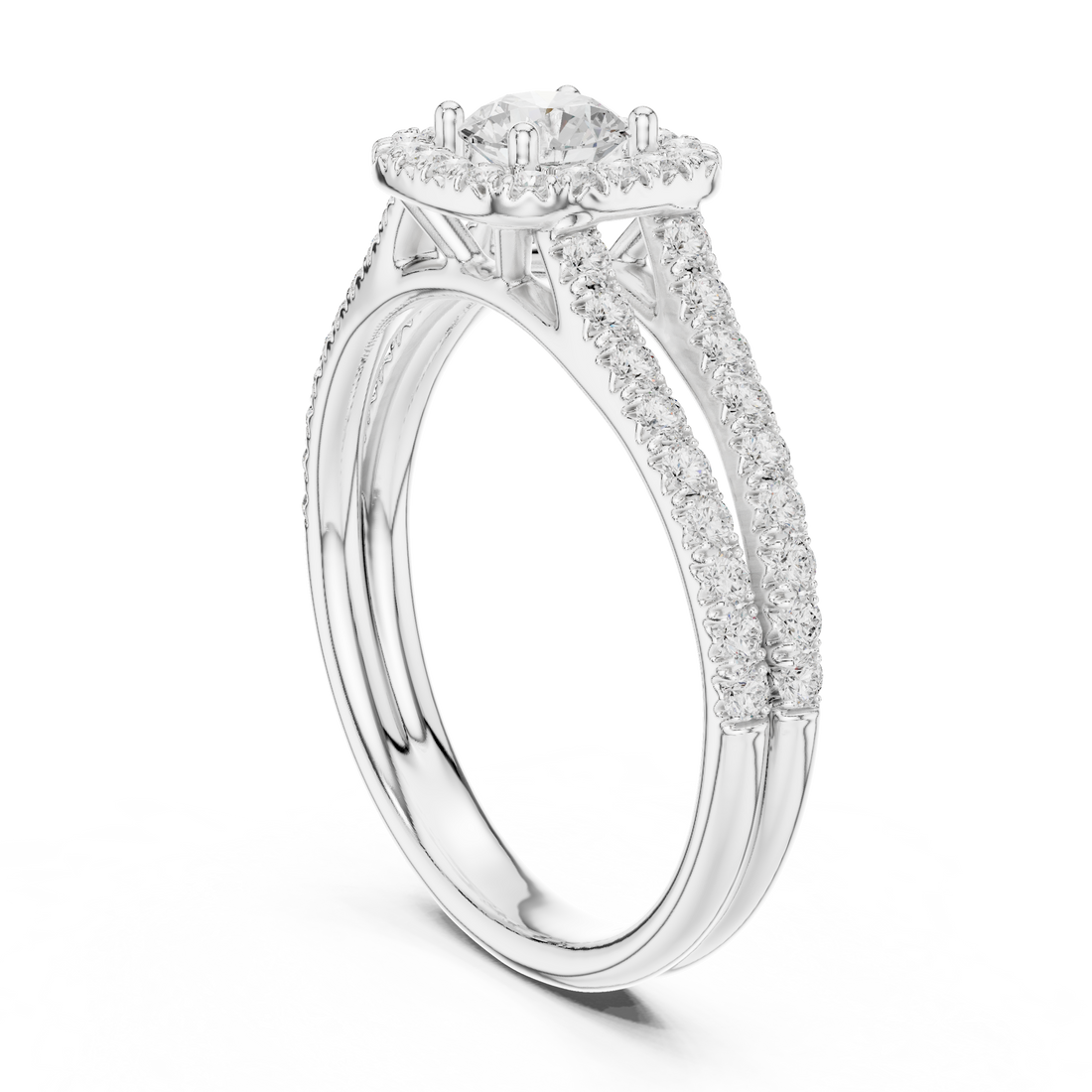 Elegant Halo Engagement Ring with Round Center & Pavé Split Shank