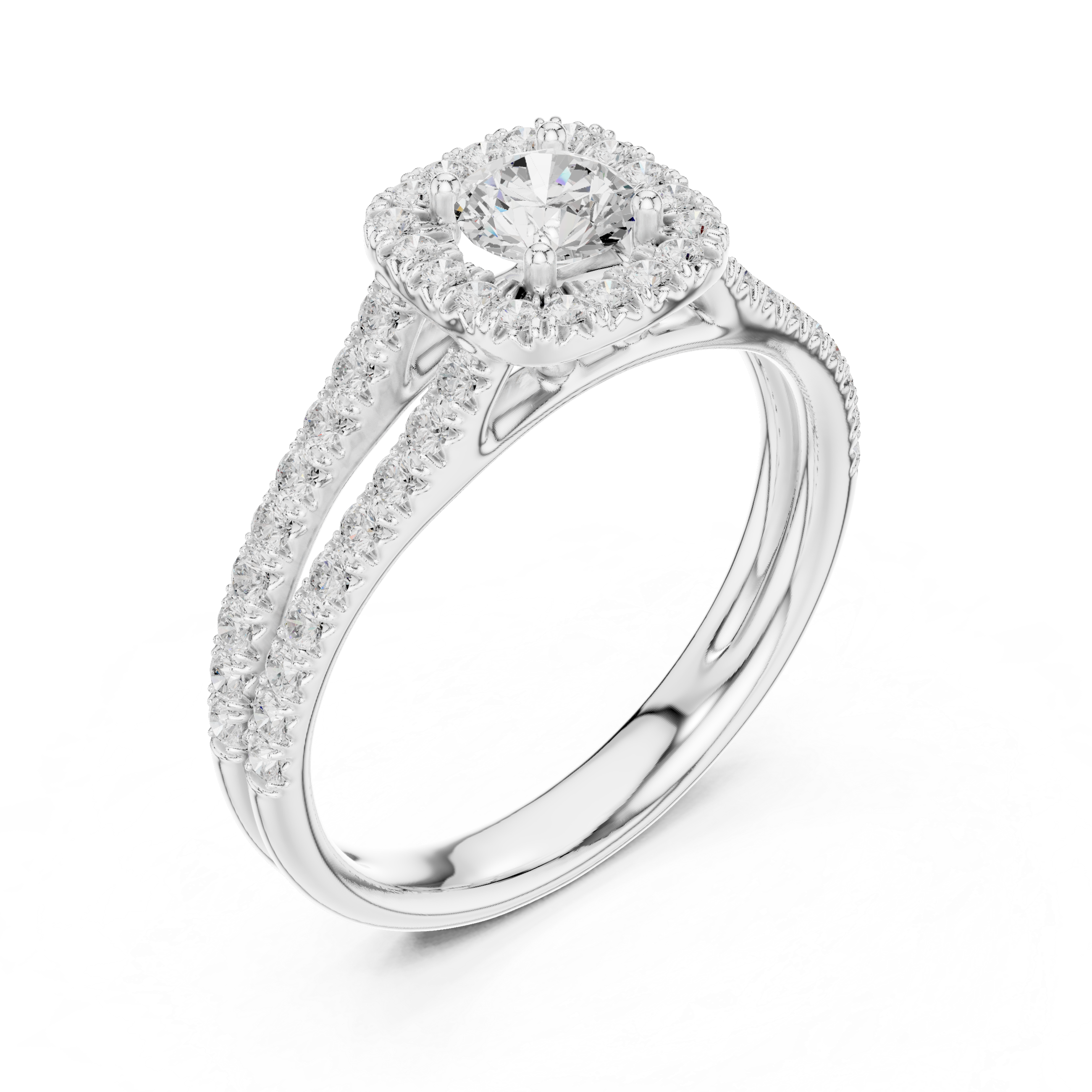 Elegant Halo Engagement Ring with Round Center & Pavé Split Shank