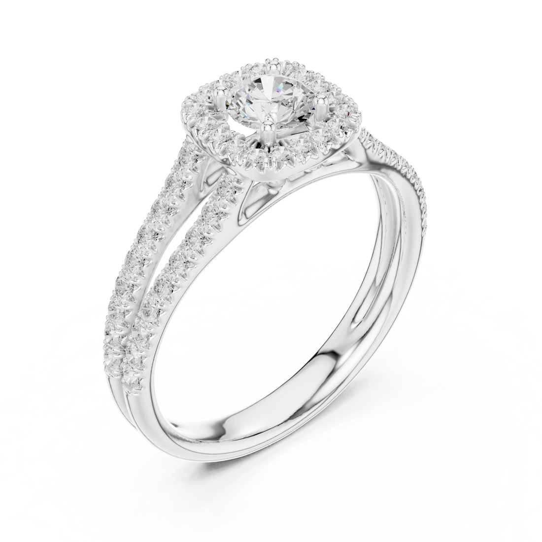 Elegant Halo Engagement Ring with Round Center & Pavé Split Shank