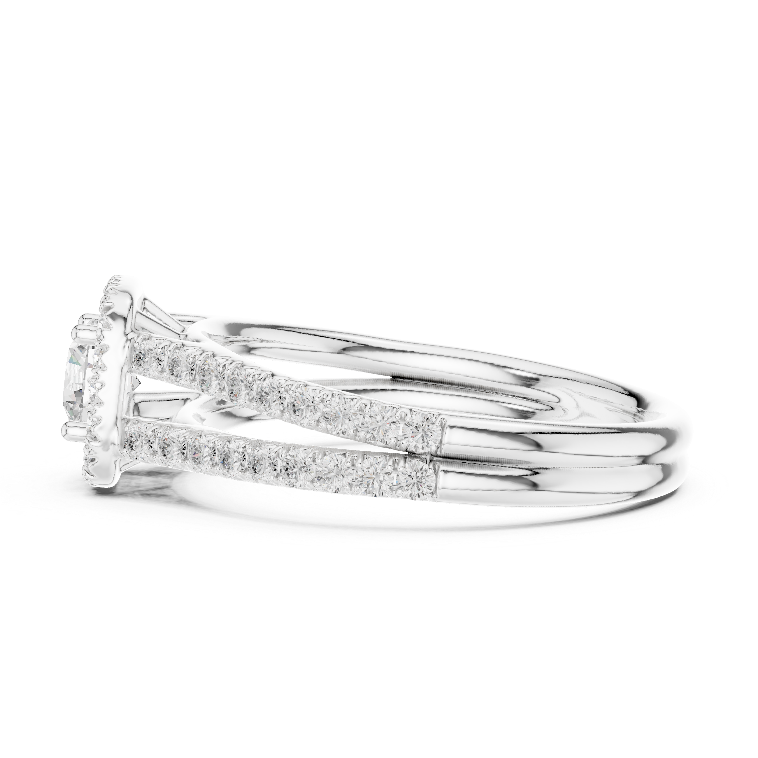 Elegant Halo Engagement Ring with Round Center & Pavé Split Shank