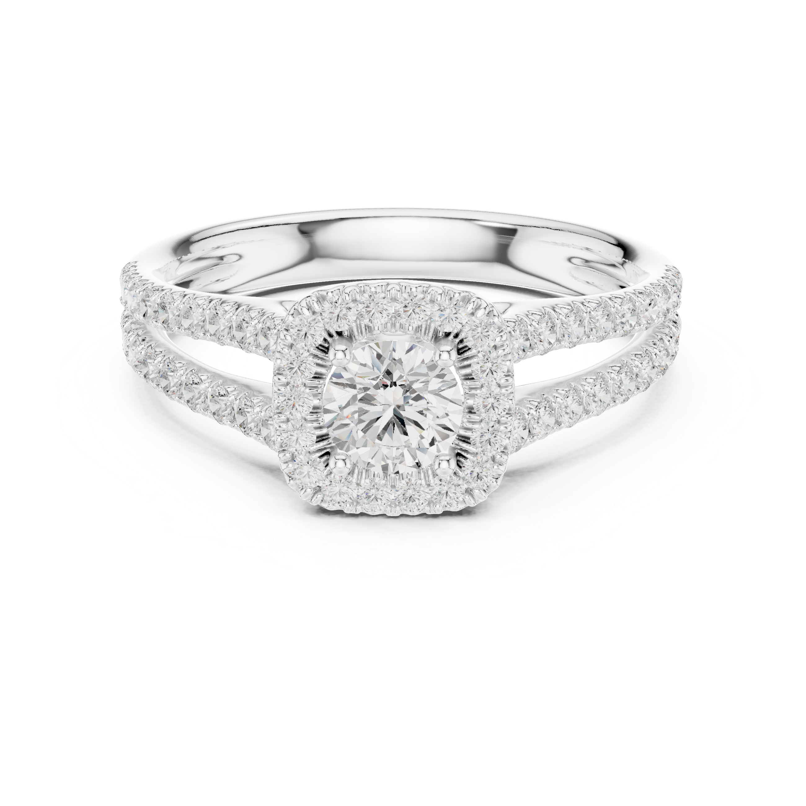 Elegant Halo Engagement Ring with Round Center & Pavé Split Shank