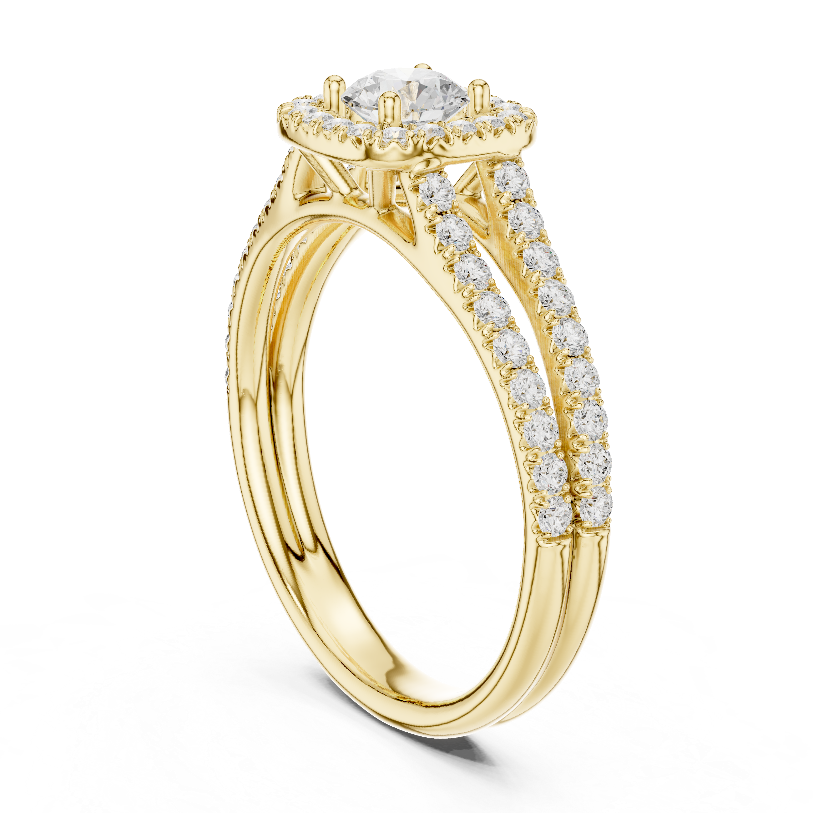Elegant Halo Engagement Ring with Round Center & Pavé Split Shank