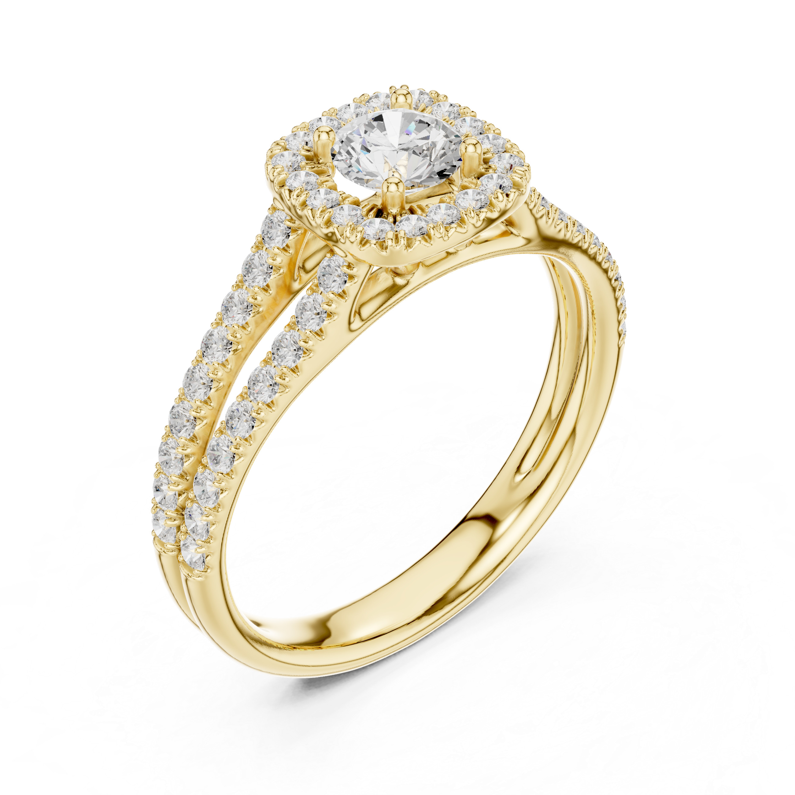 Elegant Halo Engagement Ring with Round Center & Pavé Split Shank