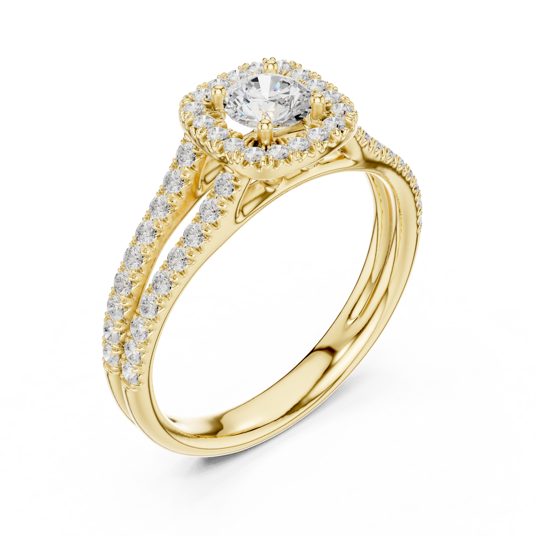 Elegant Halo Engagement Ring with Round Center & Pavé Split Shank