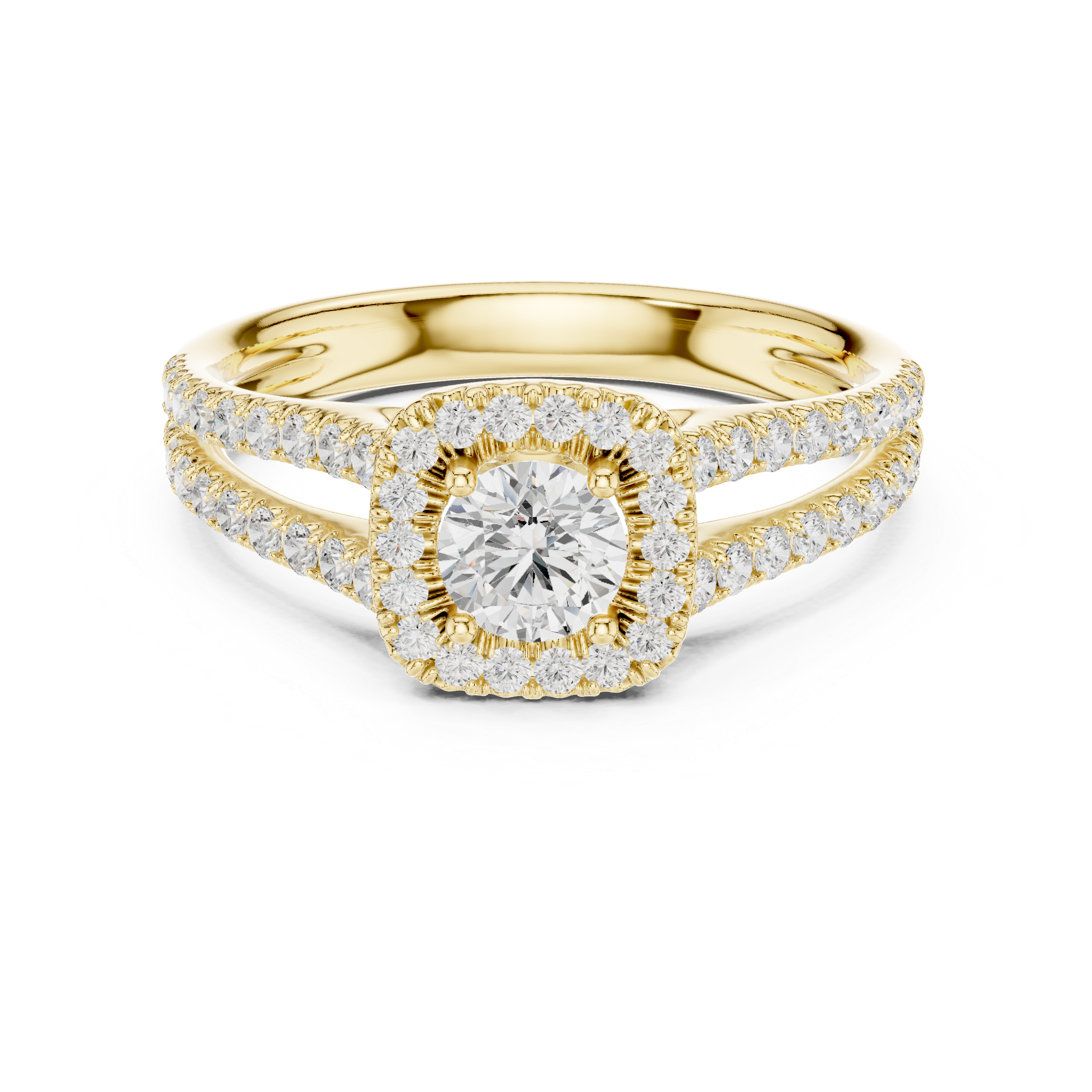 Elegant Halo Engagement Ring with Round Center & Pavé Split Shank