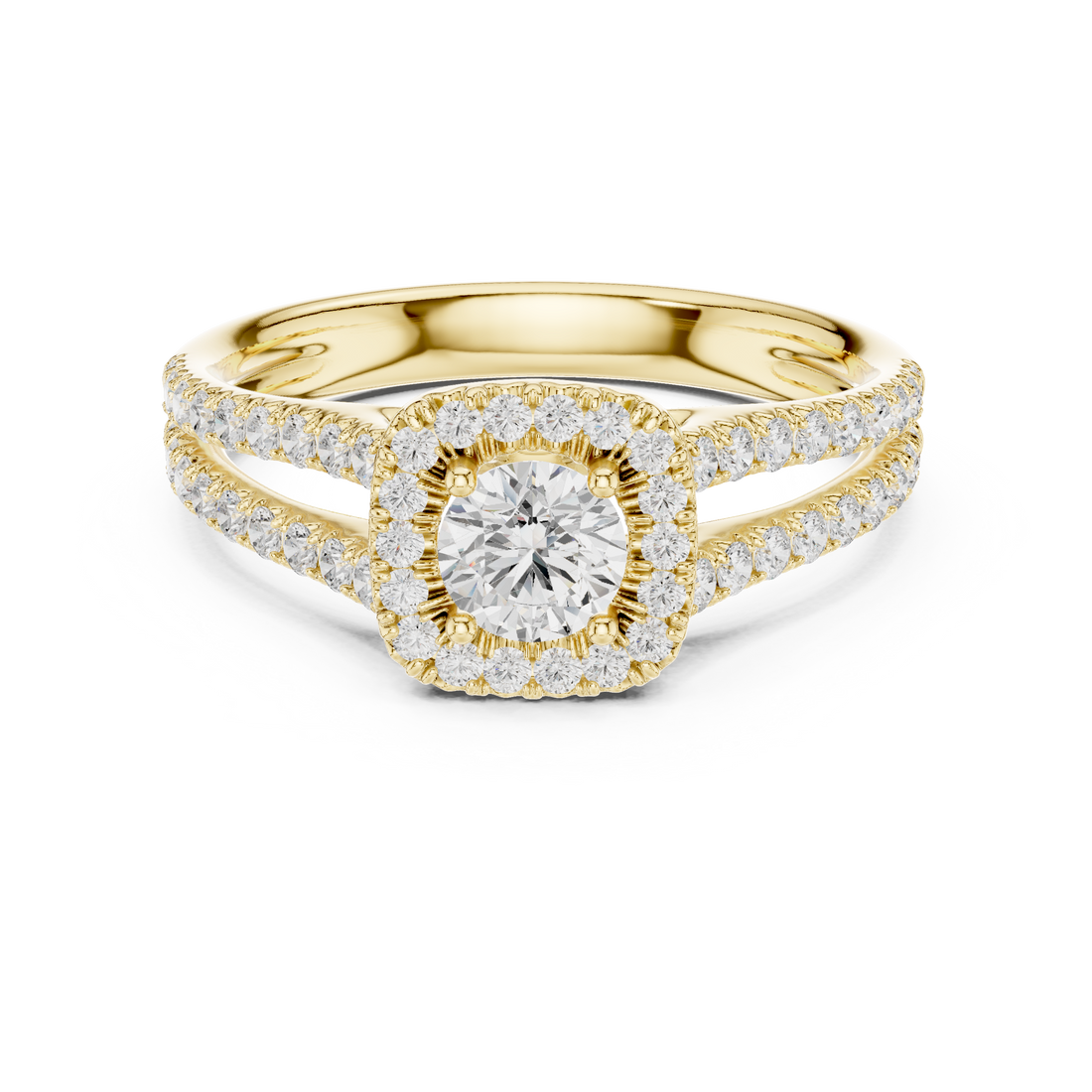Elegant Halo Engagement Ring with Round Center & Pavé Split Shank