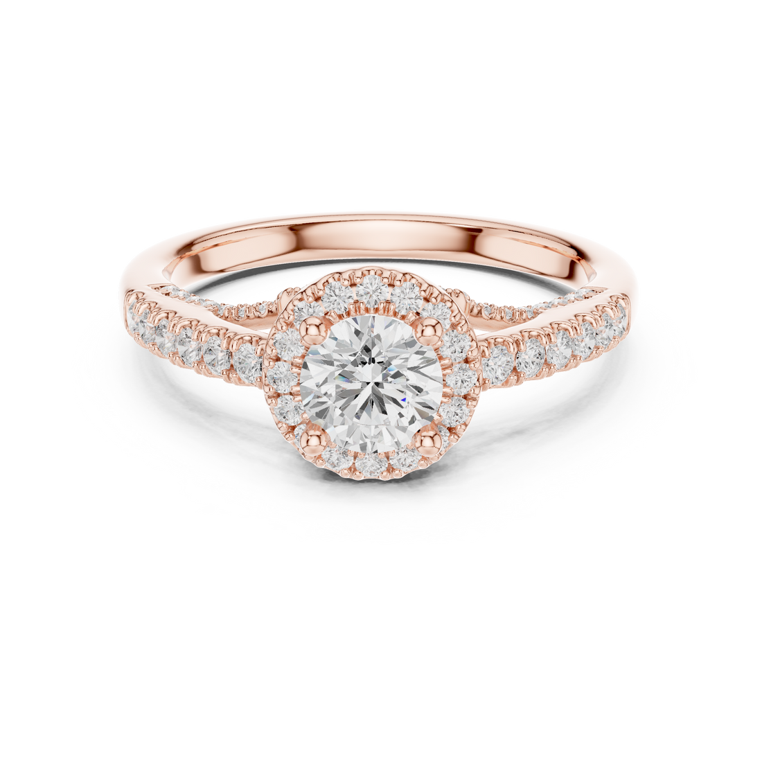 Luxury Round Cut Halo Ring with Pavé Diamonds in White Gold Setting
