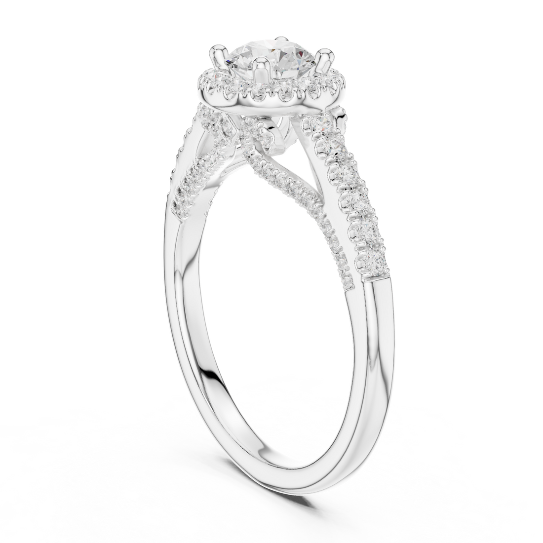 Luxury Round Cut Halo Ring with Pavé Diamonds in White Gold Setting