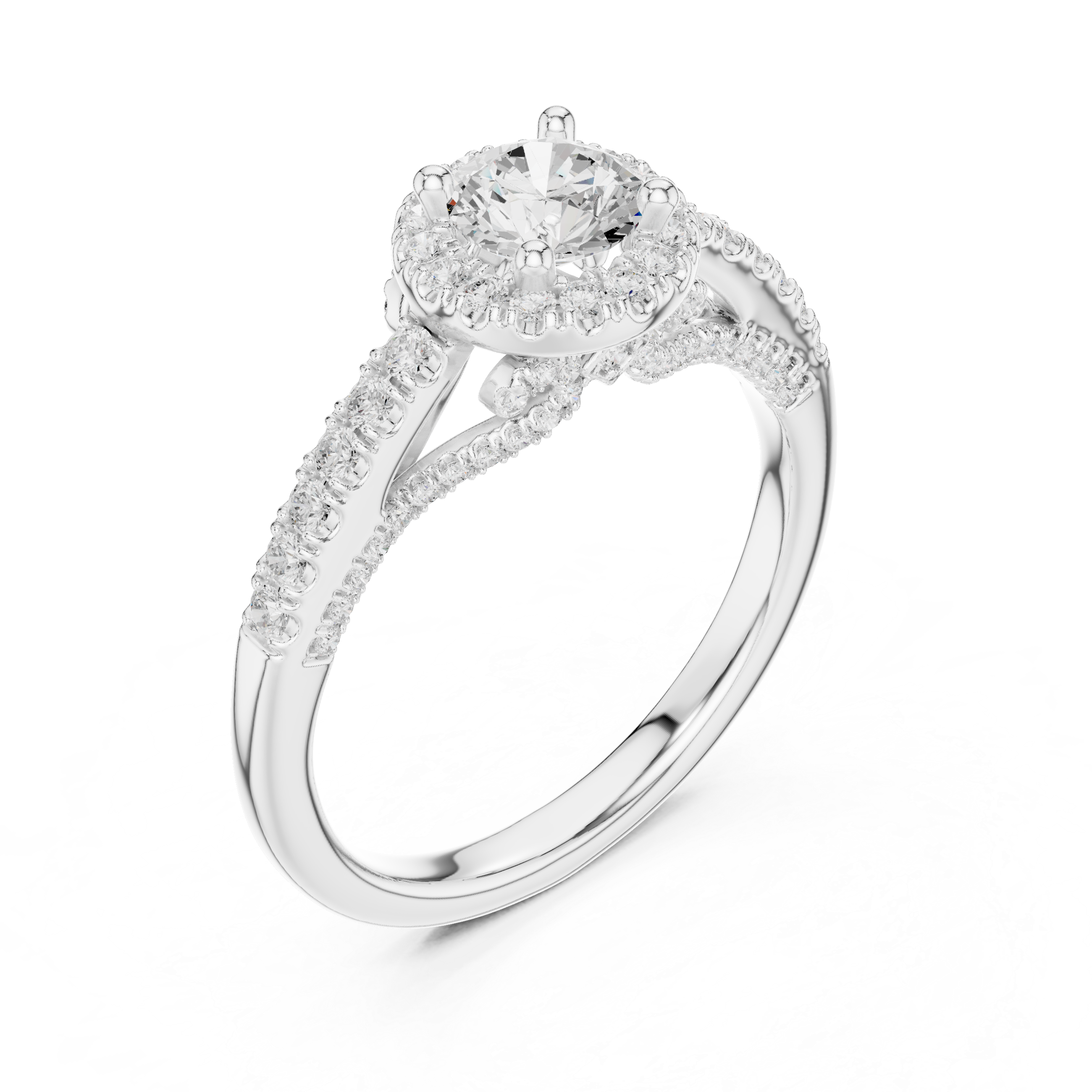 Luxury Round Cut Halo Ring with Pavé Diamonds in White Gold Setting