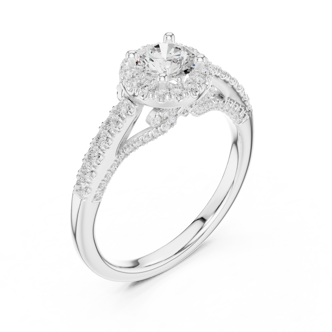 Luxury Round Cut Halo Ring with Pavé Diamonds in White Gold Setting