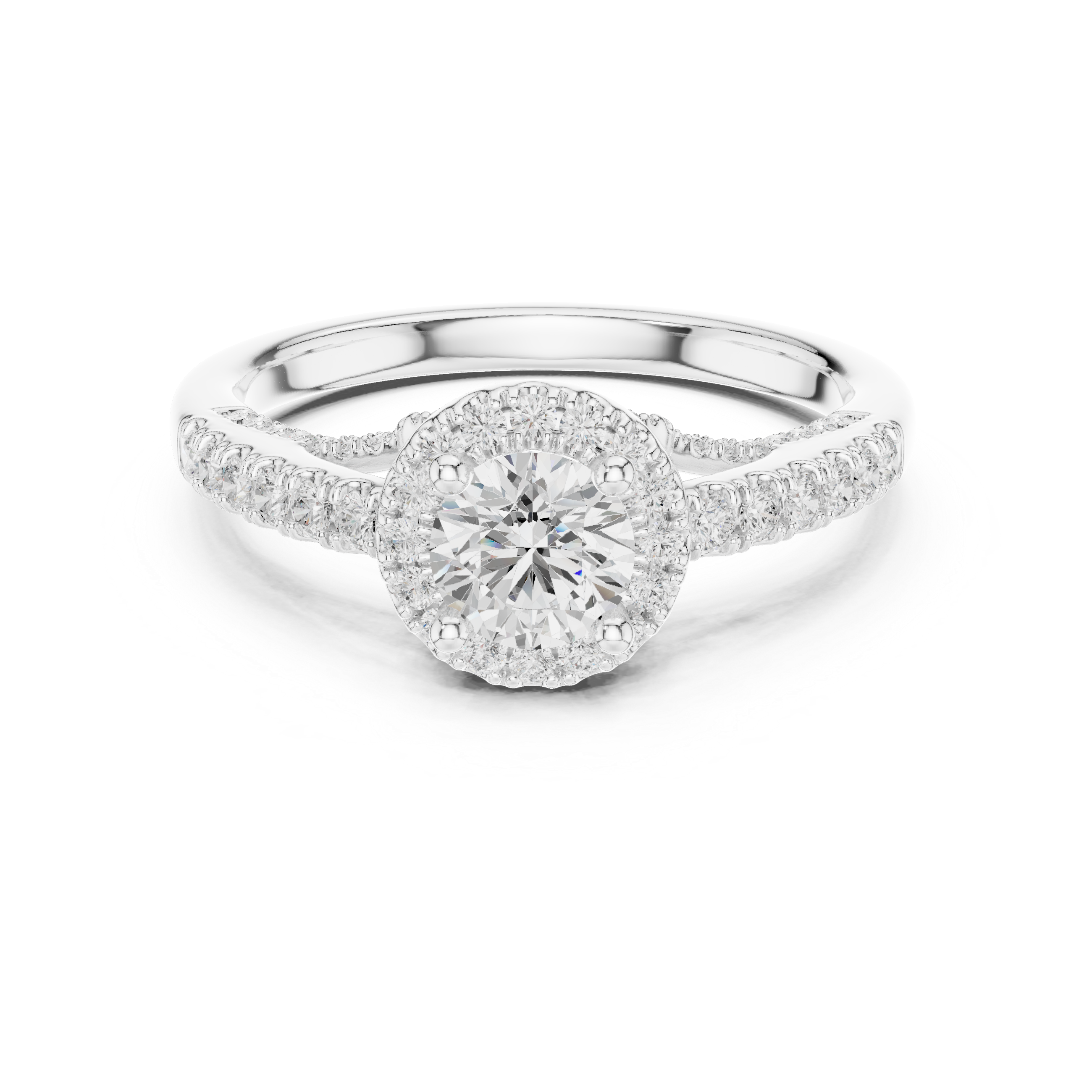 Luxury Round Cut Halo Ring with Pavé Diamonds in White Gold Setting