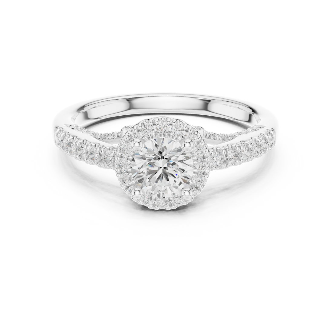 Luxury Round Cut Halo Ring with Pavé Diamonds in White Gold Setting