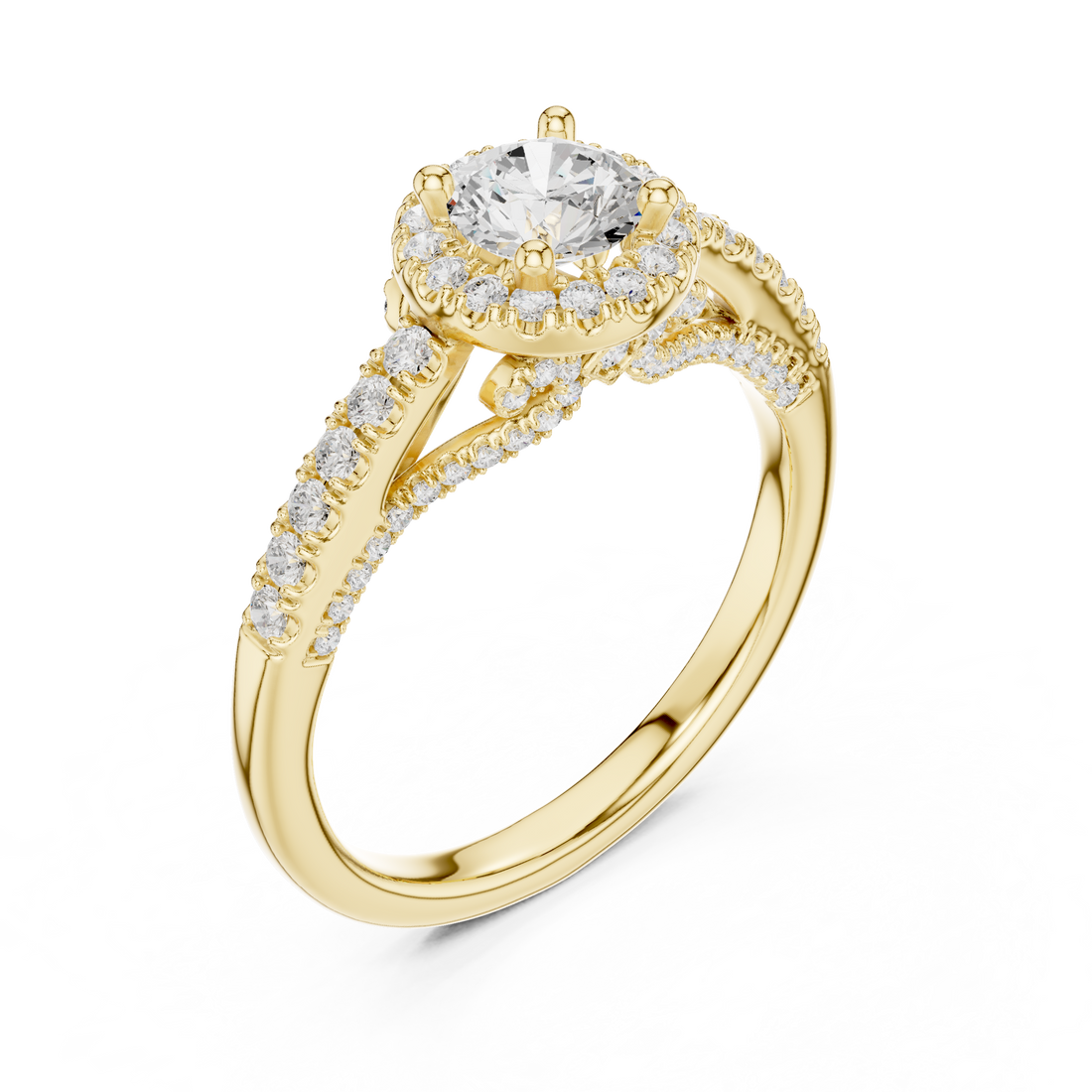 Luxury Round Cut Halo Ring with Pavé Diamonds in White Gold Setting
