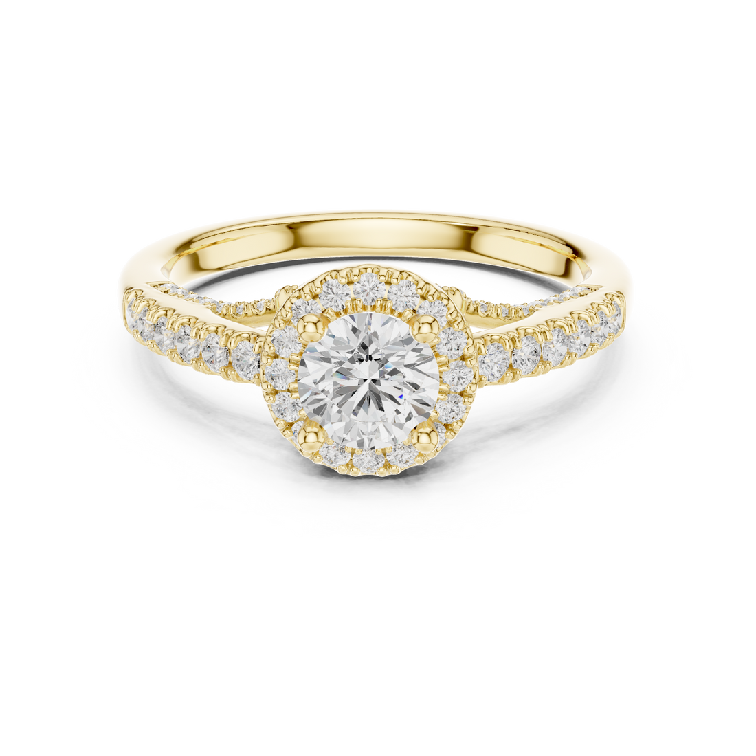 Luxury Round Cut Halo Ring with Pavé Diamonds in White Gold Setting