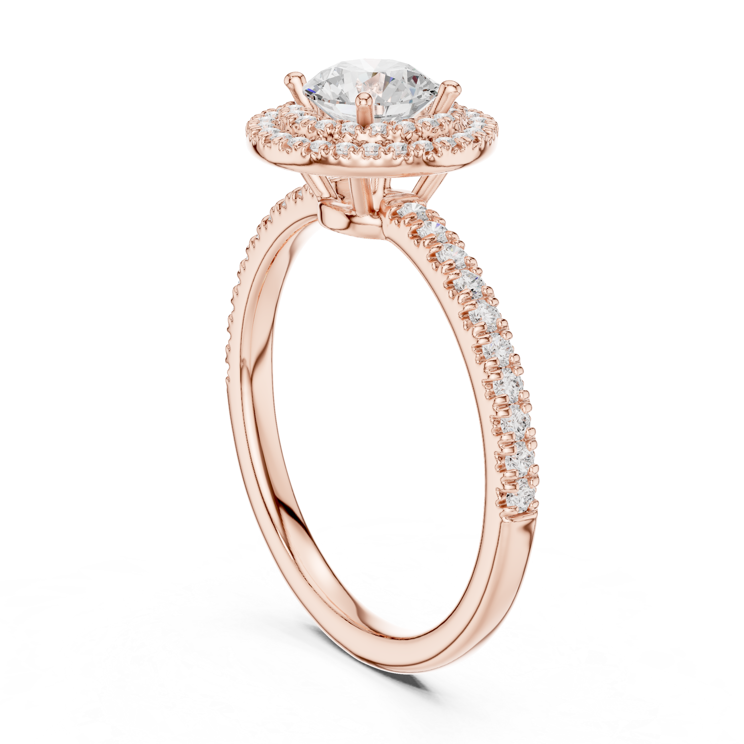 Vintage Style Double Halo Round Diamond Ring with Split Pavé Band