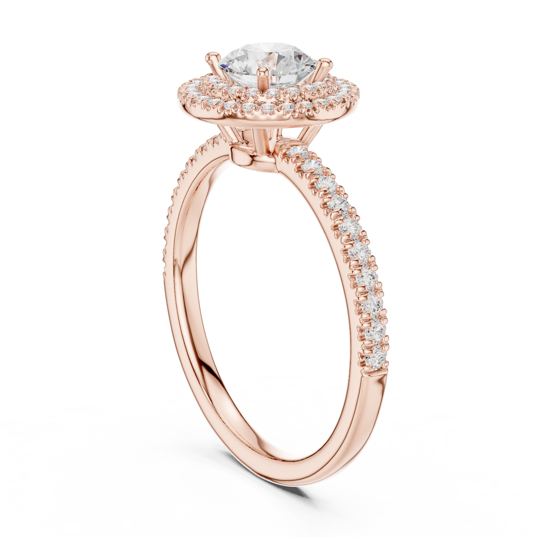 Vintage Style Double Halo Round Diamond Ring with Split Pavé Band