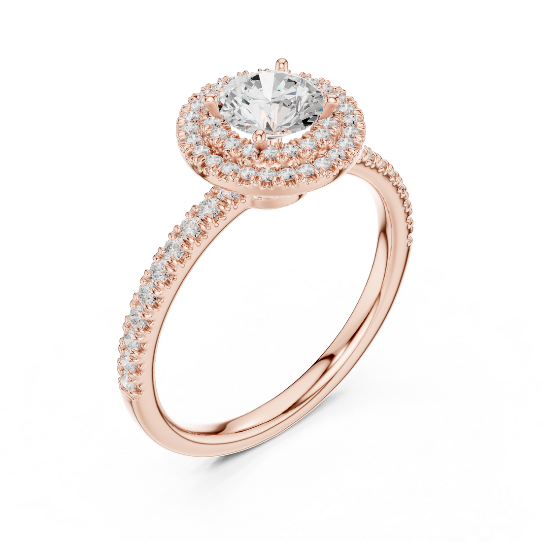 Vintage Style Double Halo Round Diamond Ring with Split Pavé Band