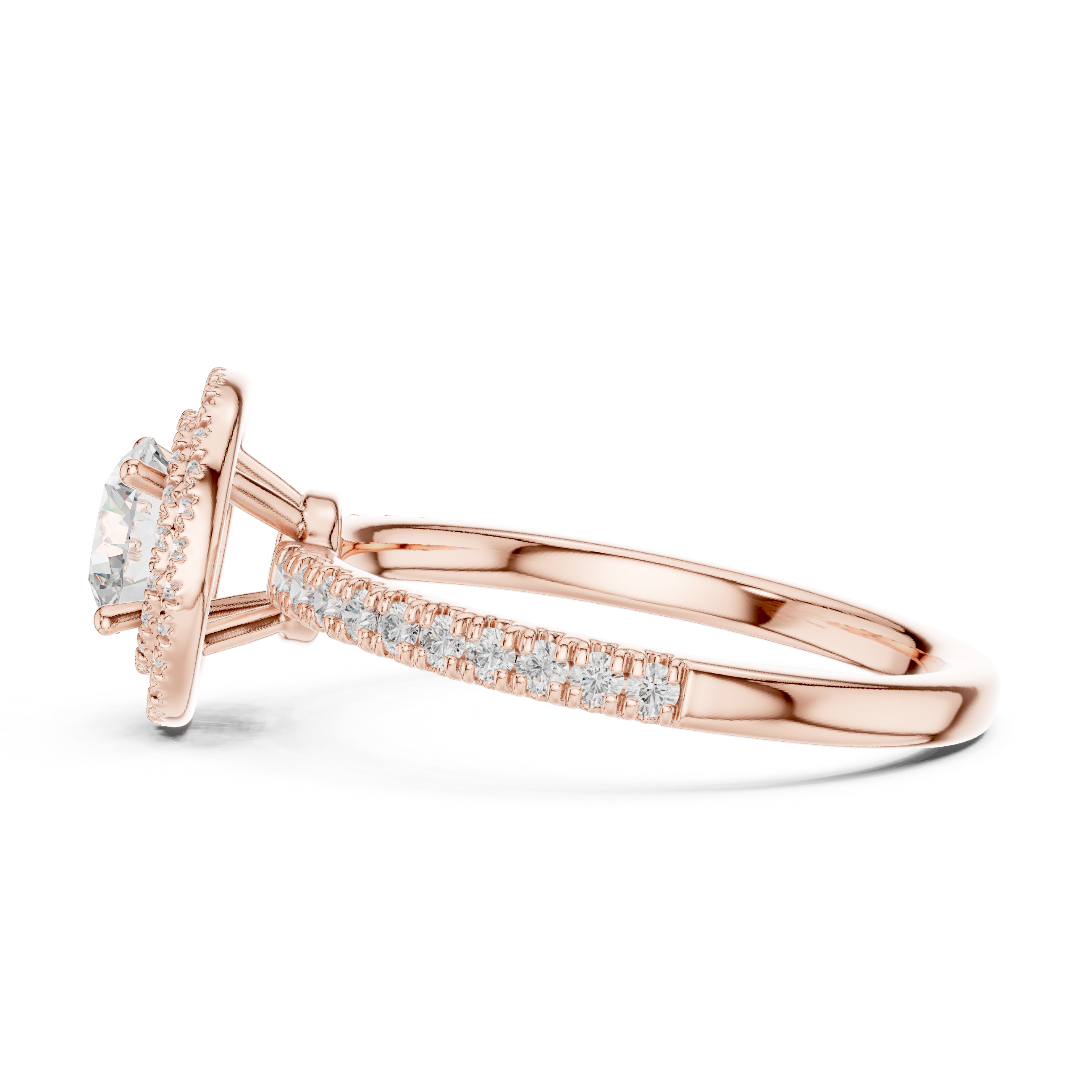 Vintage Style Double Halo Round Diamond Ring with Split Pavé Band