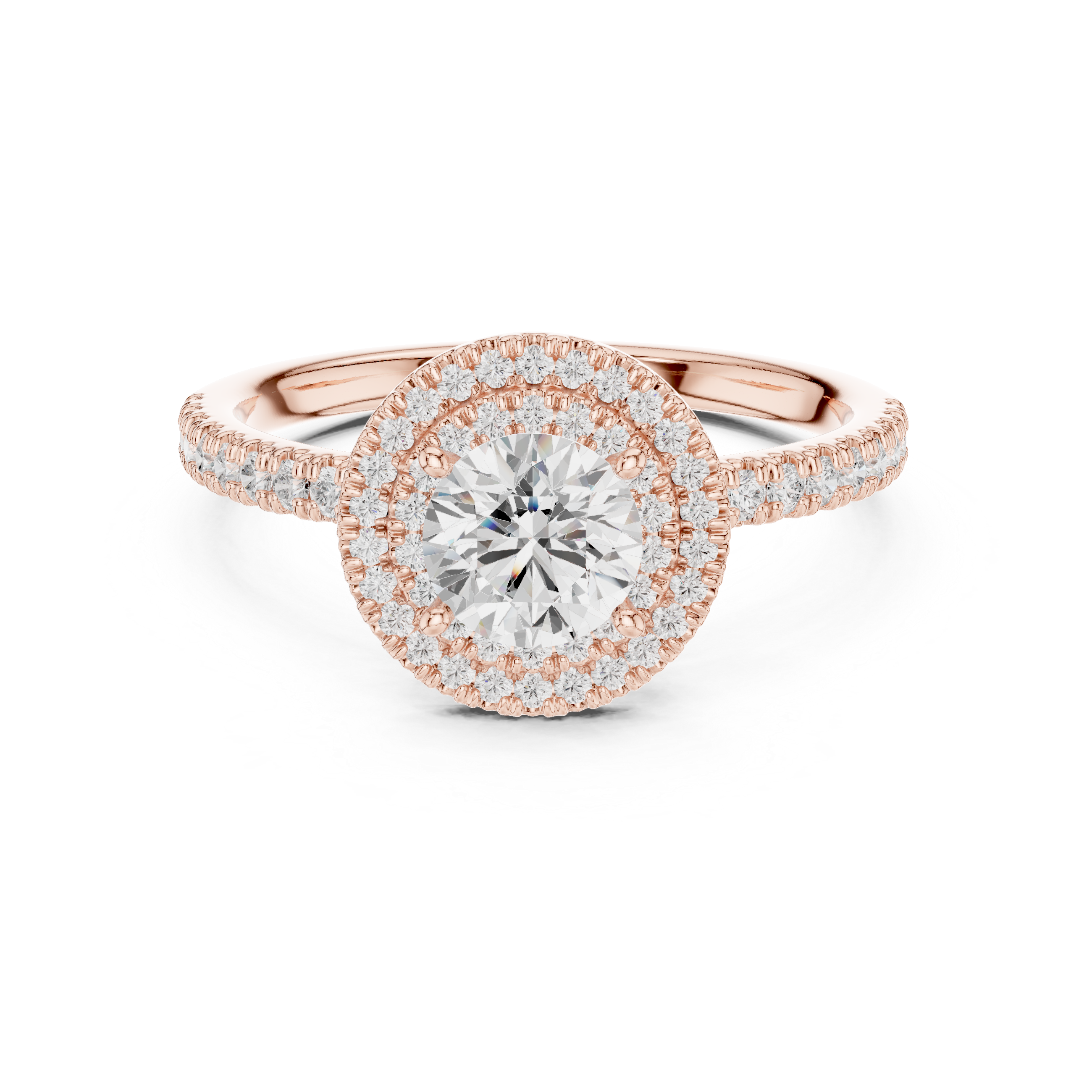 Vintage Style Double Halo Round Diamond Ring with Split Pavé Band