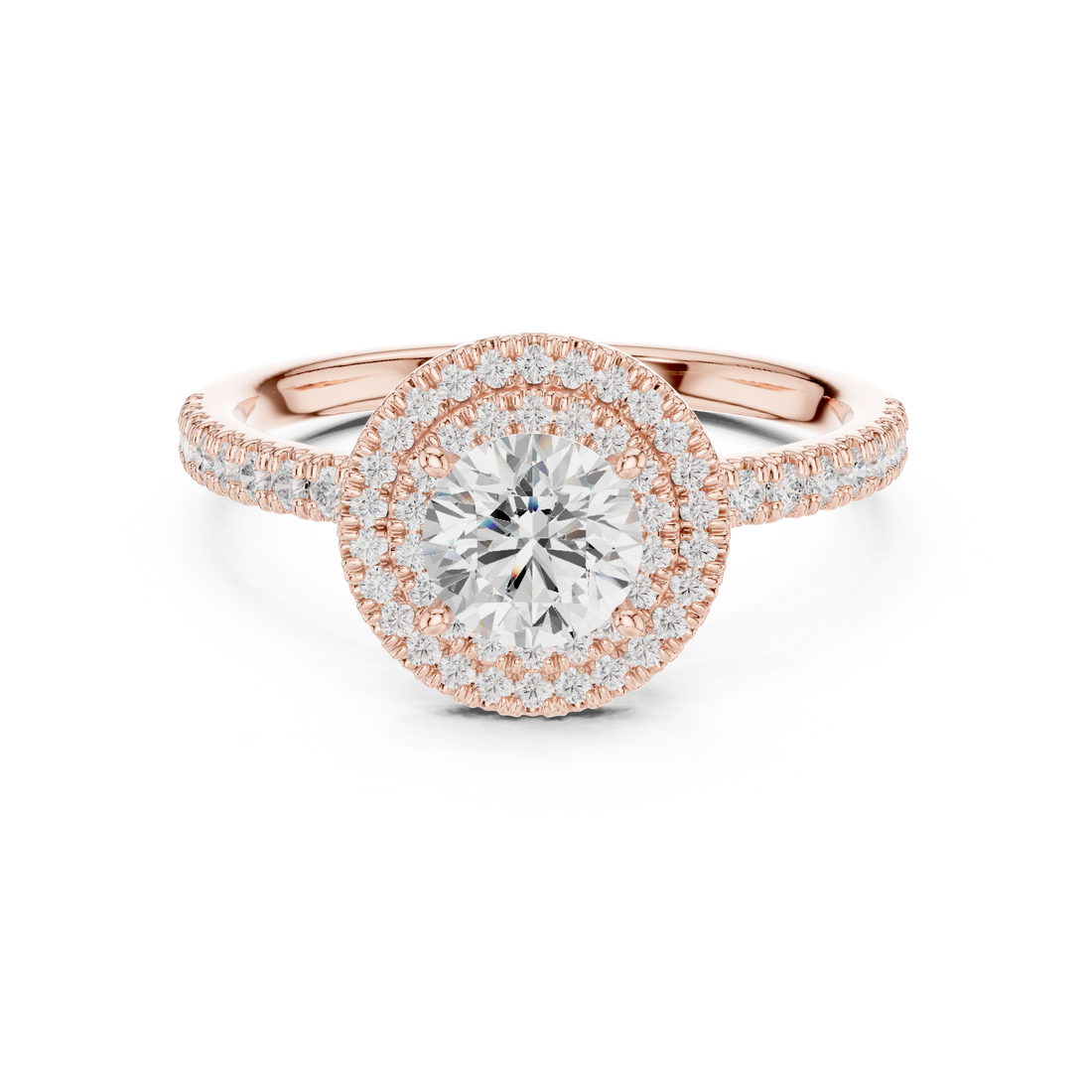 Vintage Style Double Halo Round Diamond Ring with Split Pavé Band