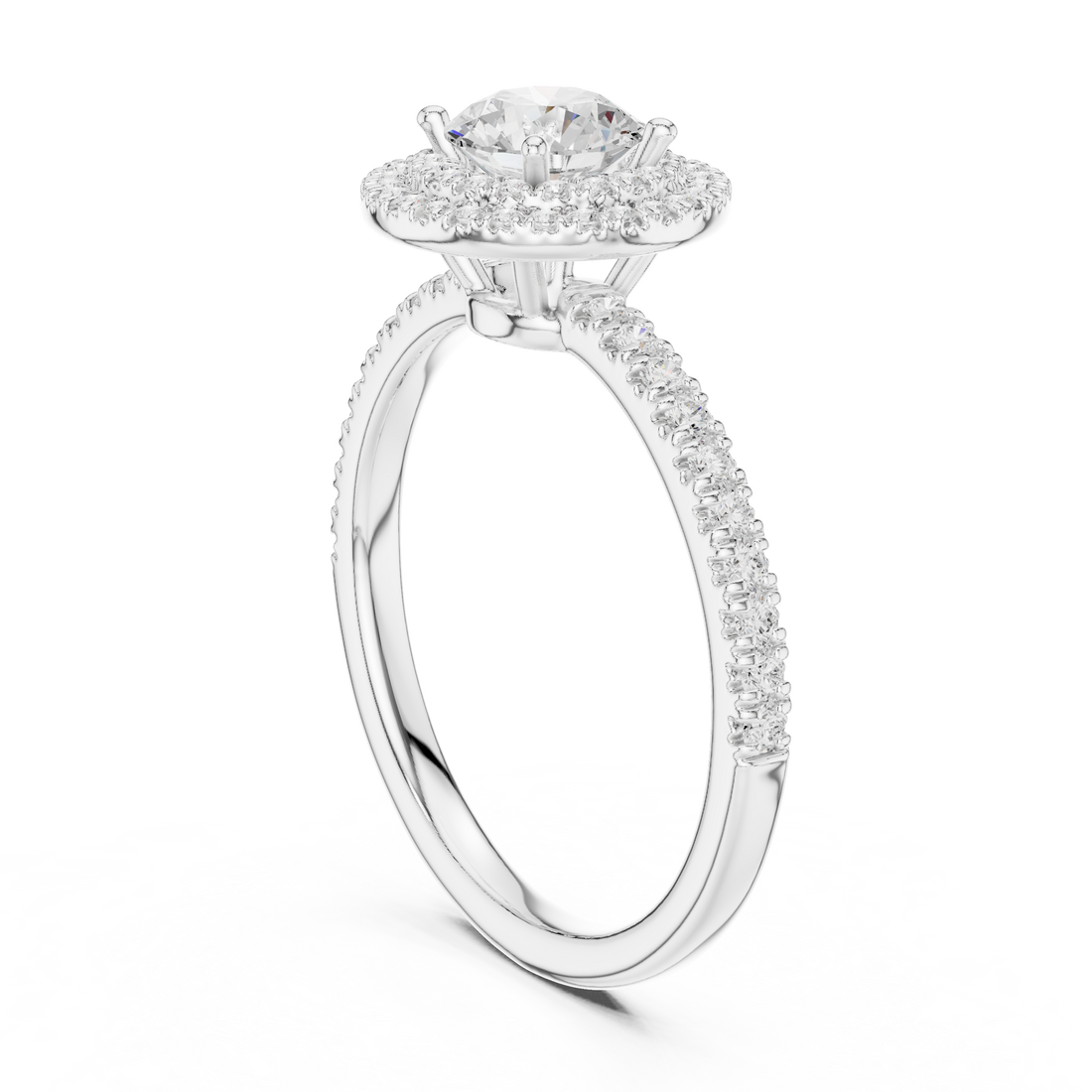 Vintage Style Double Halo Round Diamond Ring with Split Pavé Band