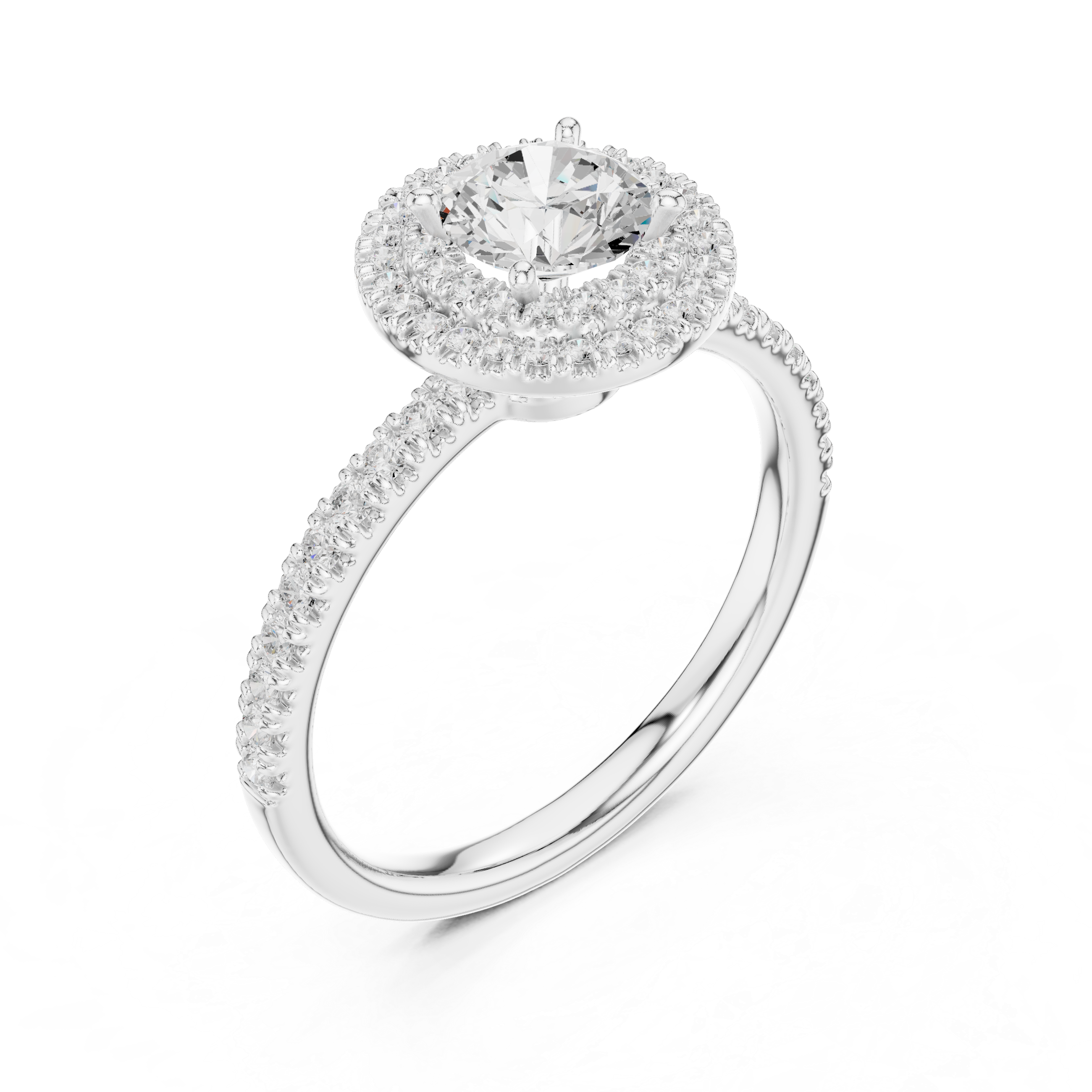 Vintage Style Double Halo Round Diamond Ring with Split Pavé Band