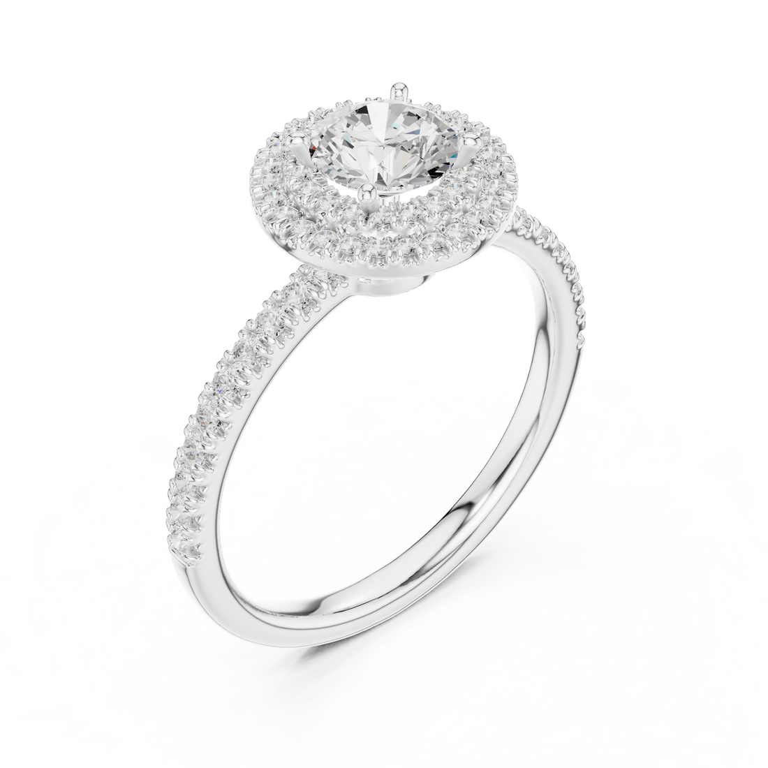Vintage Style Double Halo Round Diamond Ring with Split Pavé Band