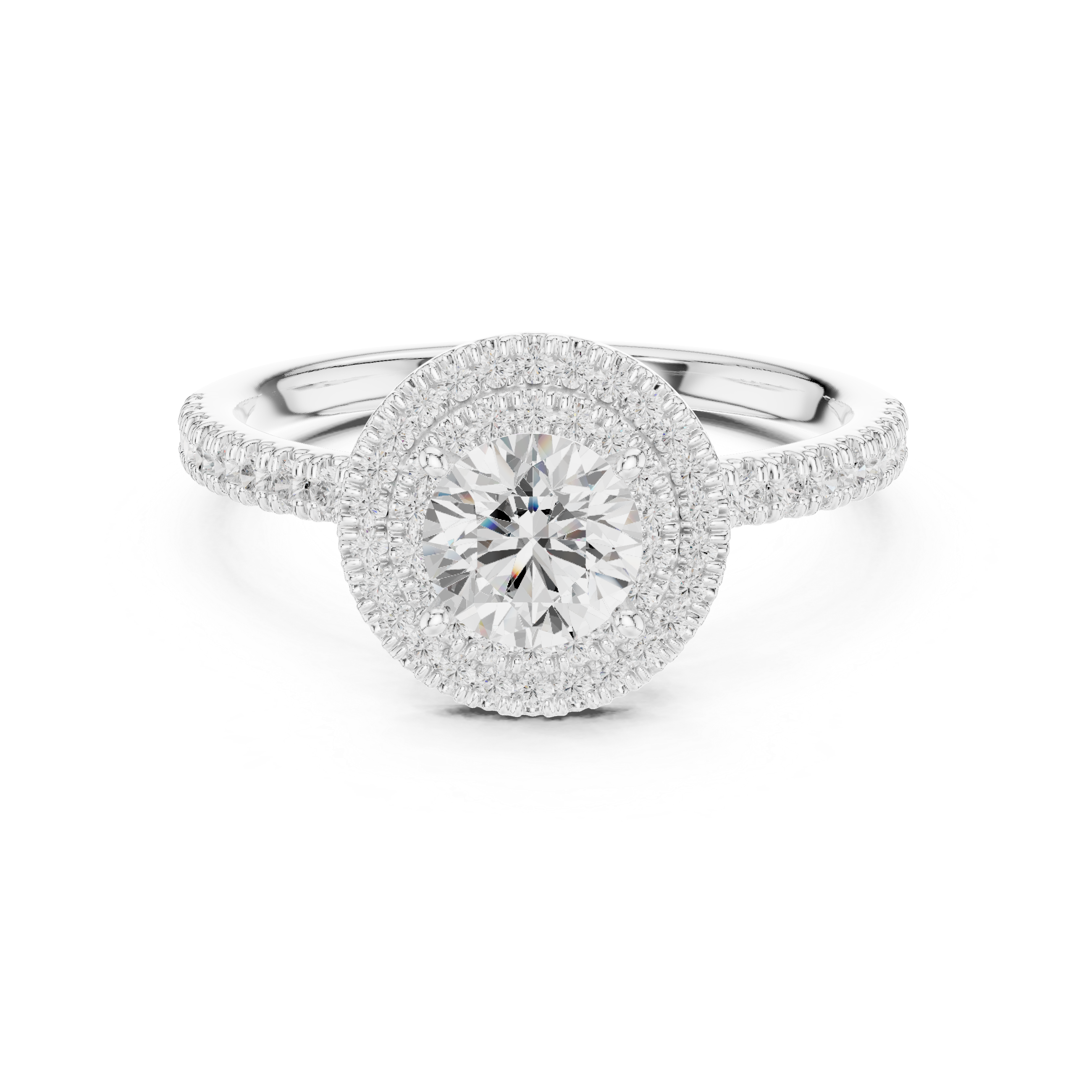 Vintage Style Double Halo Round Diamond Ring with Split Pavé Band