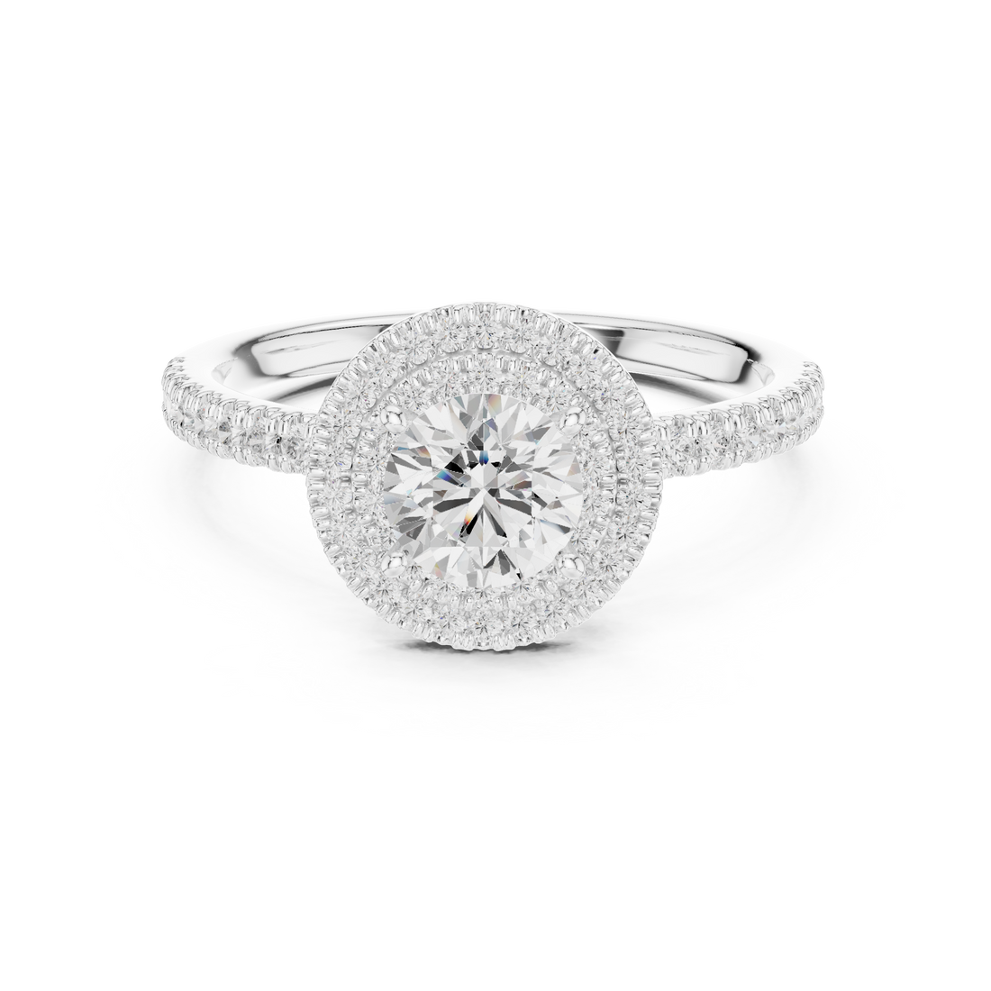 Vintage Style Double Halo Round Diamond Ring with Split Pavé Band