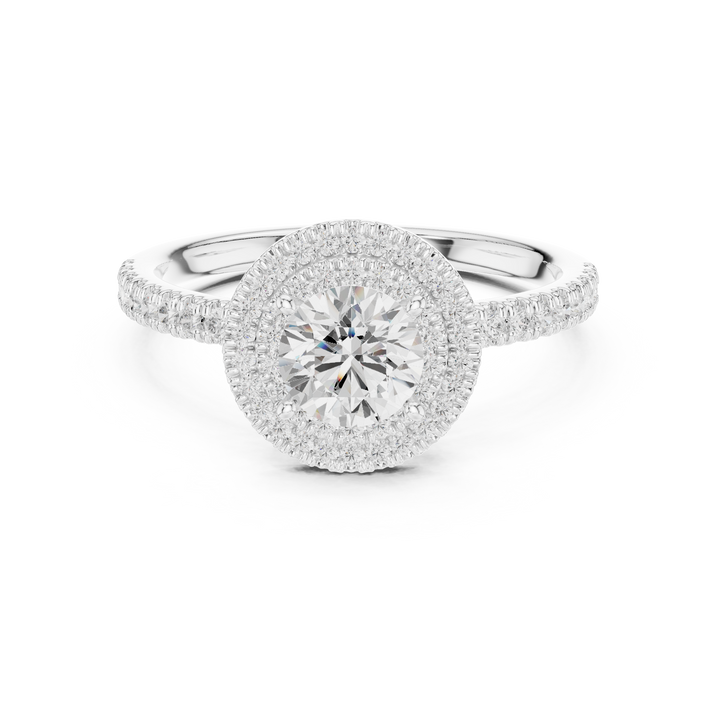 Vintage Style Double Halo Round Diamond Ring with Split Pavé Band