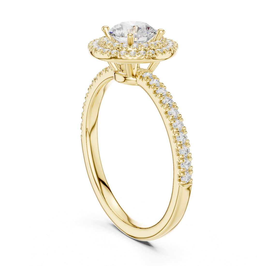Vintage Style Double Halo Round Diamond Ring with Split Pavé Band