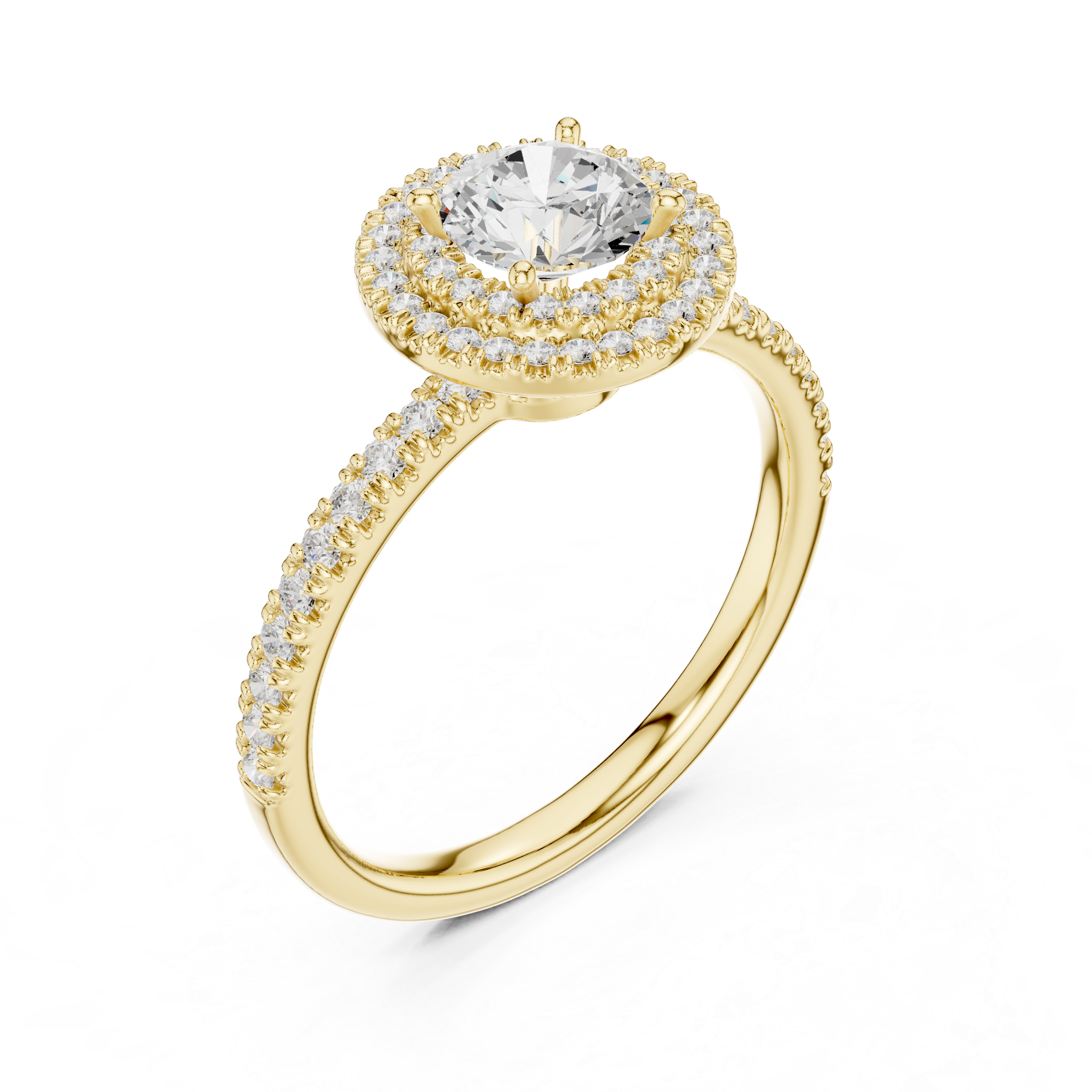 Vintage Style Double Halo Round Diamond Ring with Split Pavé Band