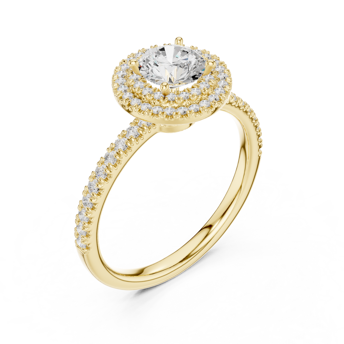 Vintage Style Double Halo Round Diamond Ring with Split Pavé Band