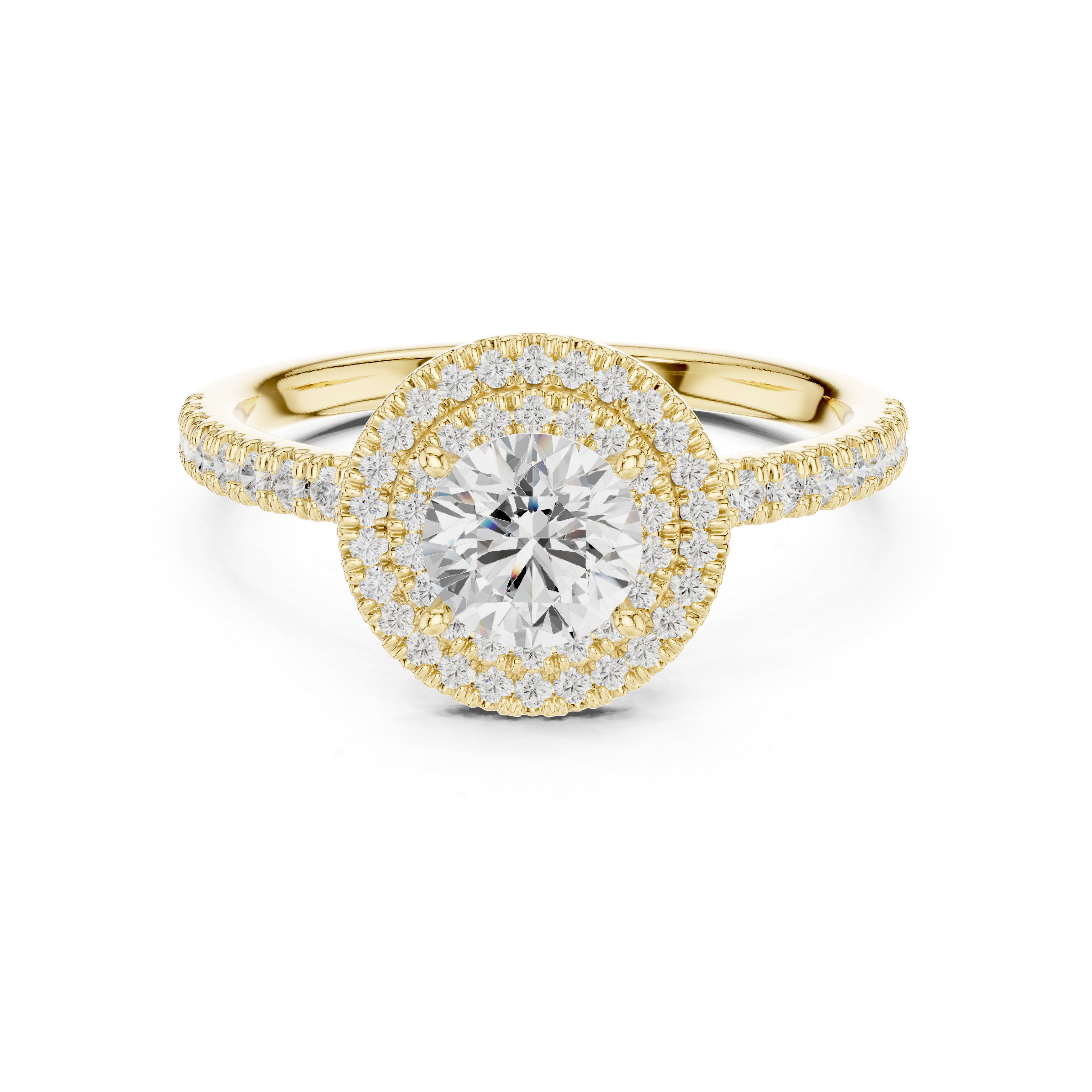 Vintage Style Double Halo Round Diamond Ring with Split Pavé Band
