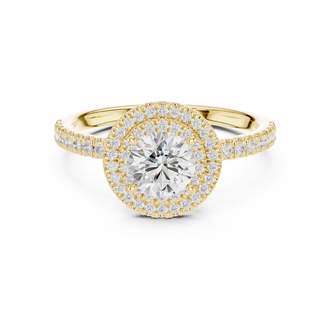 Vintage Style Double Halo Round Diamond Ring with Split Pavé Band