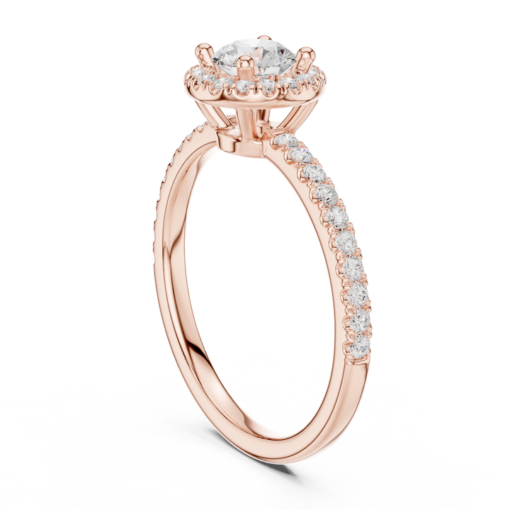 Romantic White Gold Round Halo Ring with Accent Diamond Shank