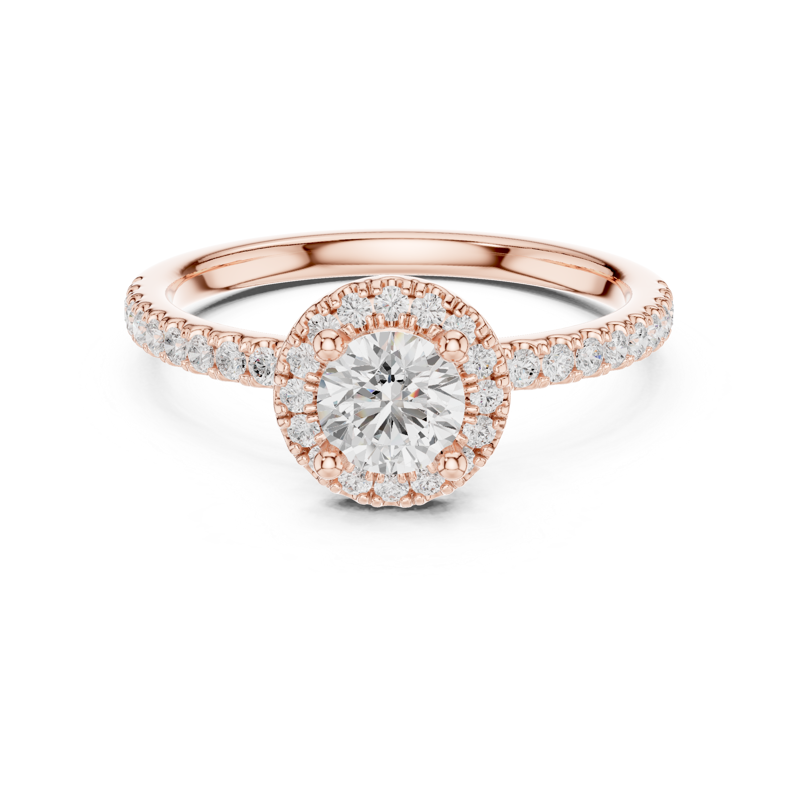Romantic White Gold Round Halo Ring with Accent Diamond Shank