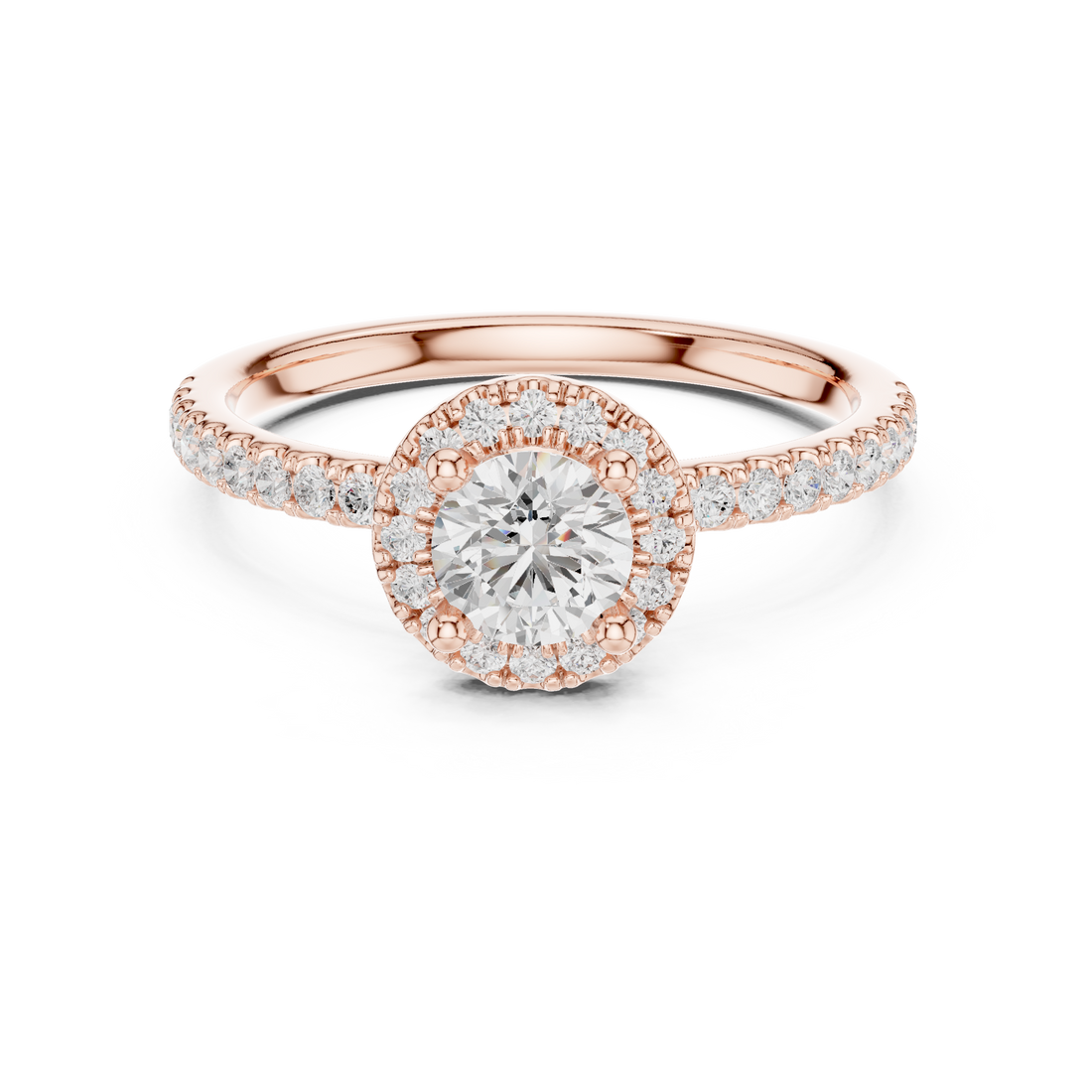 Romantic White Gold Round Halo Ring with Accent Diamond Shank