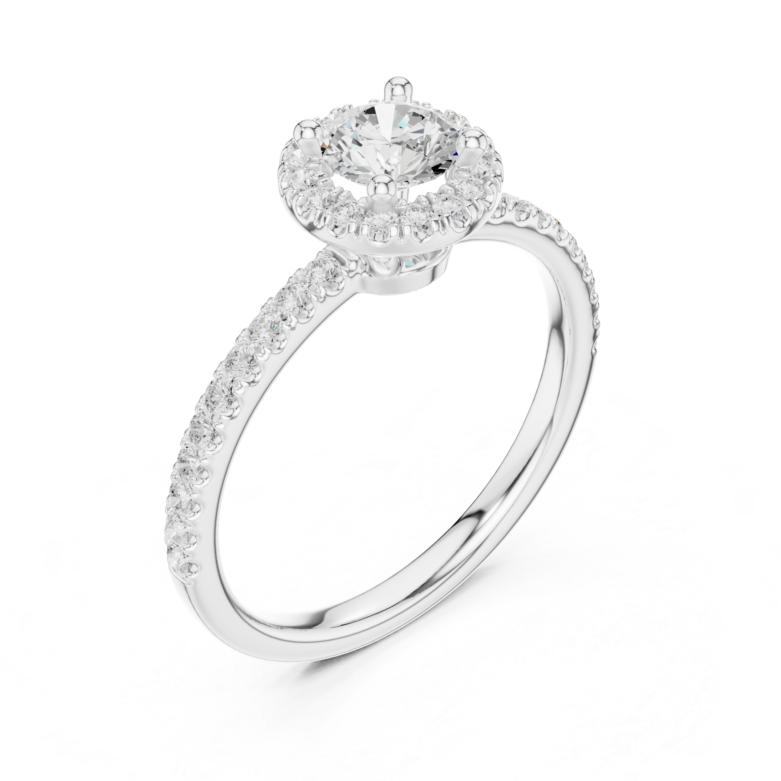 Romantic White Gold Round Halo Ring with Accent Diamond Shank