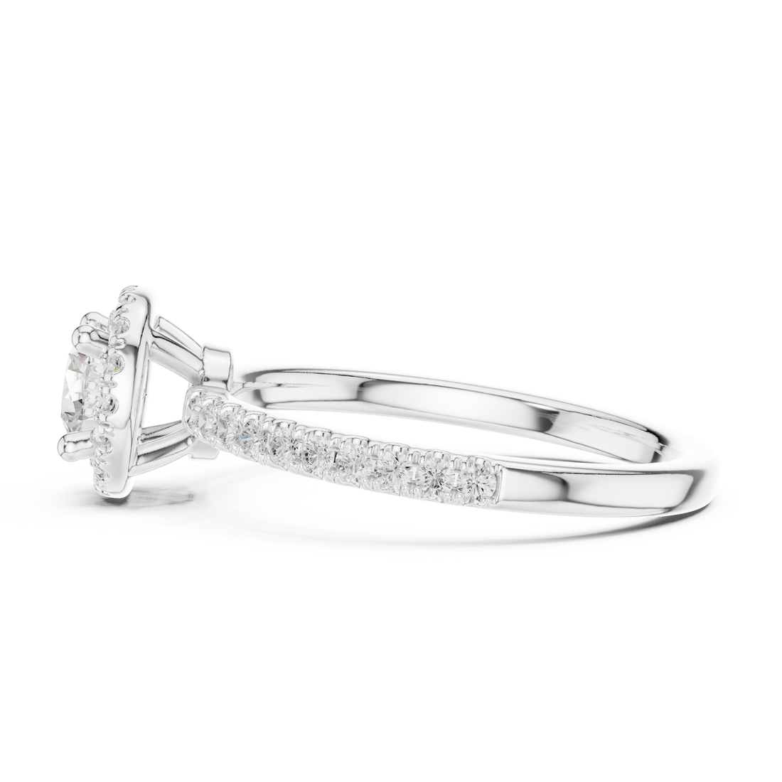 Romantic White Gold Round Halo Ring with Accent Diamond Shank