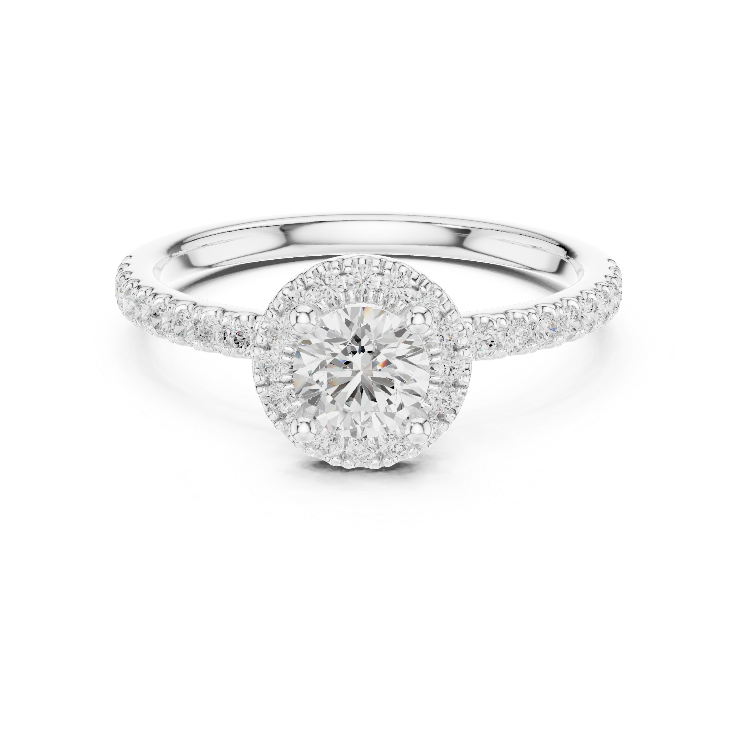 Romantic White Gold Round Halo Ring with Accent Diamond Shank