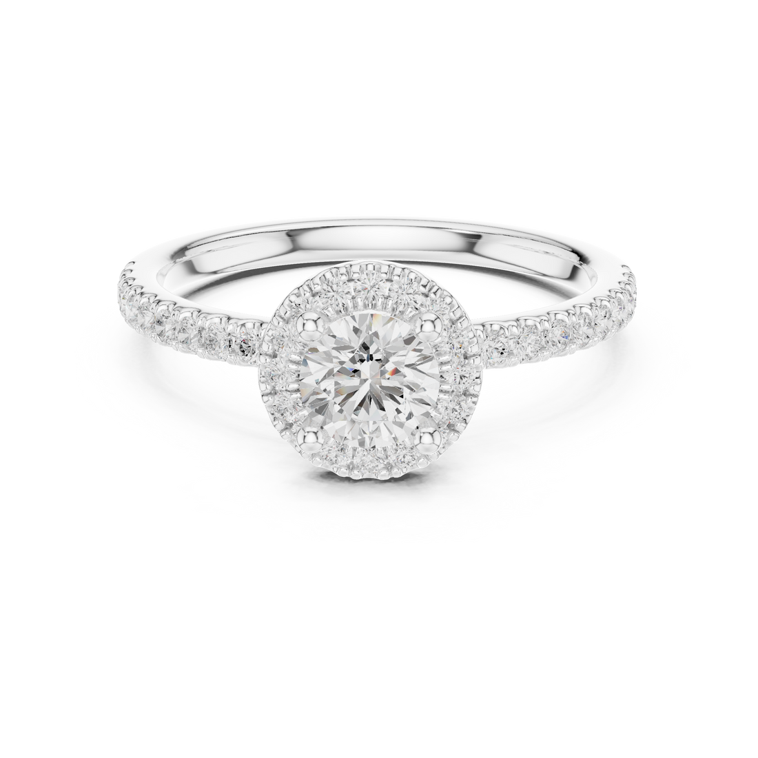 Romantic White Gold Round Halo Ring with Accent Diamond Shank