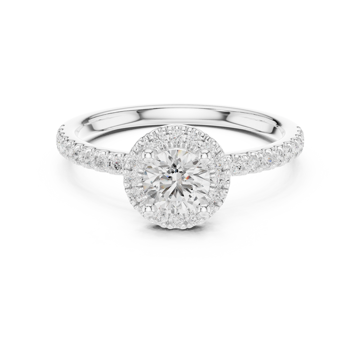 Romantic White Gold Round Halo Ring with Accent Diamond Shank