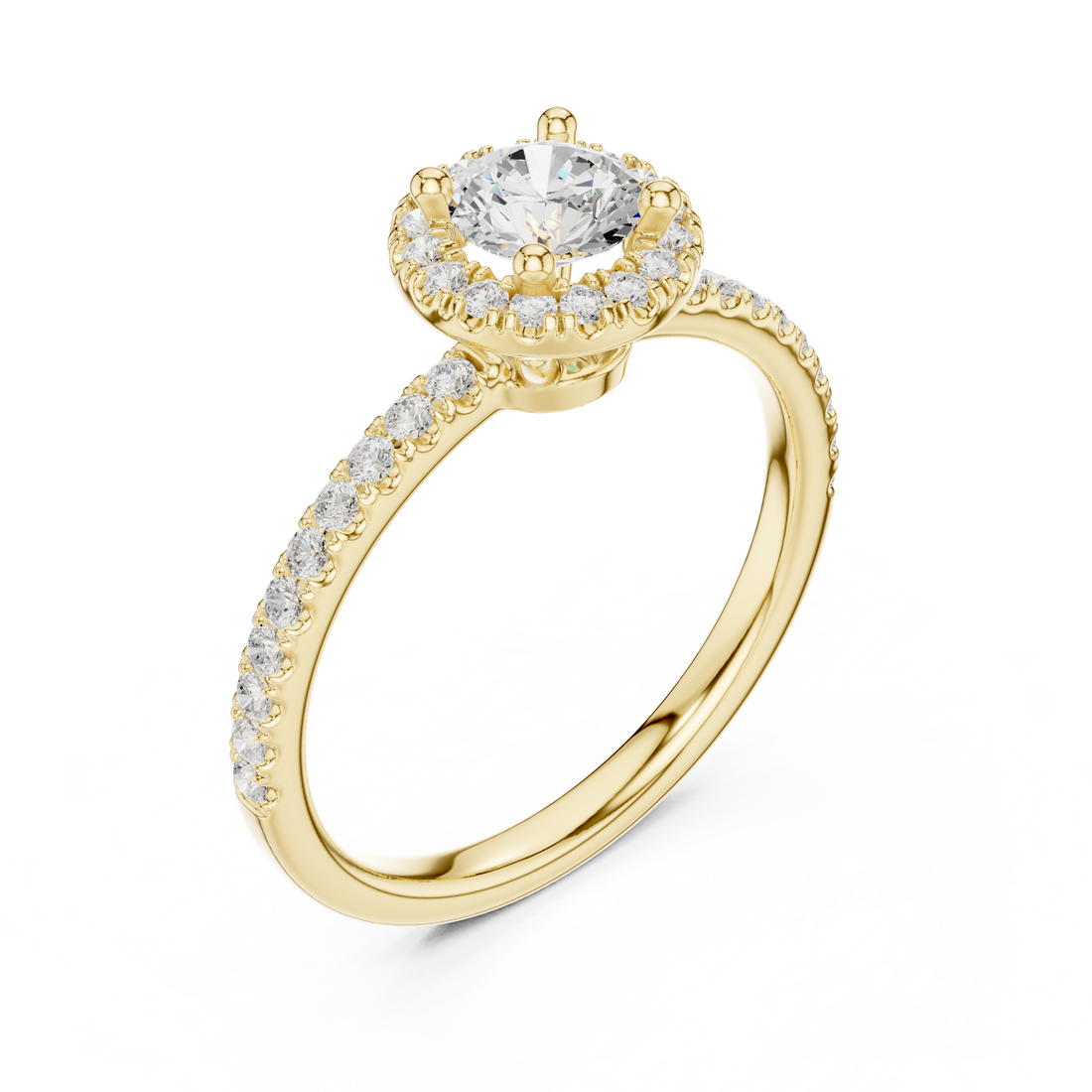 Romantic White Gold Round Halo Ring with Accent Diamond Shank